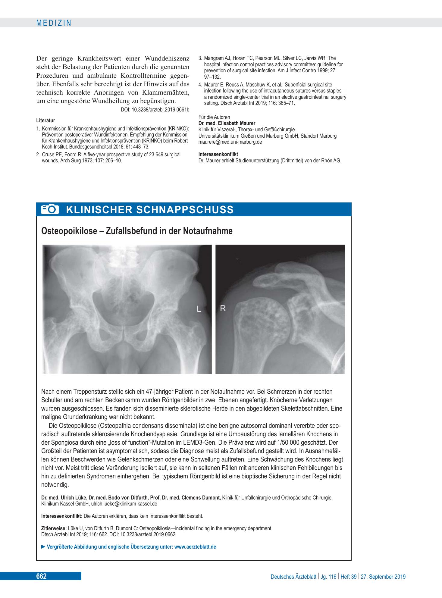 Vorschauseite 1: Osteopoikilose – Zufallsbefund in der Notaufnahme – Deutsches Ärzteblatt