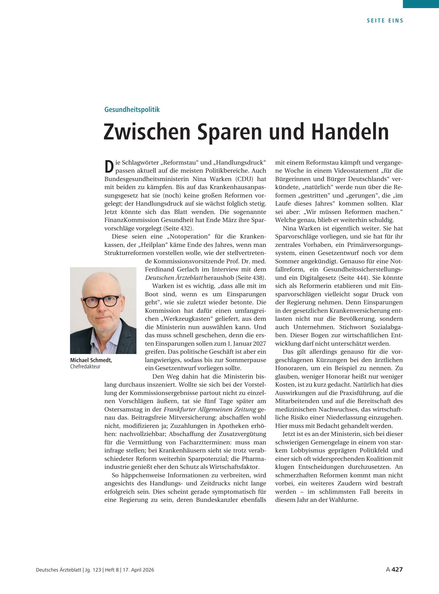 Vorschauseite 1: Gesundheitspolitik: Zwischen Sparen und Handeln – Deutsches Ärzteblatt