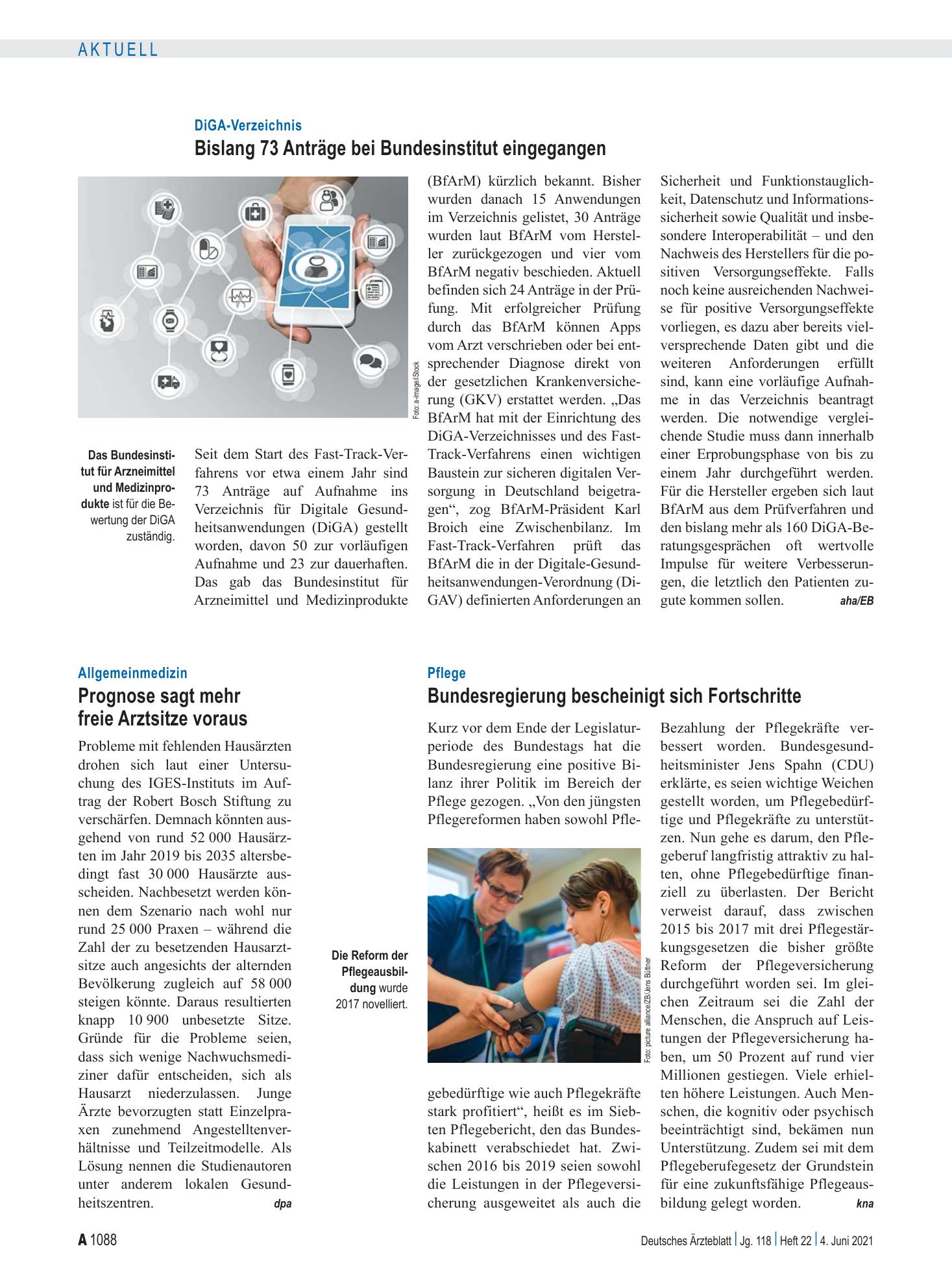 Vorschauseite 1: Pflege: Bundesregierung bescheinigt sich Fortschritte – Deutsches Ärzteblatt