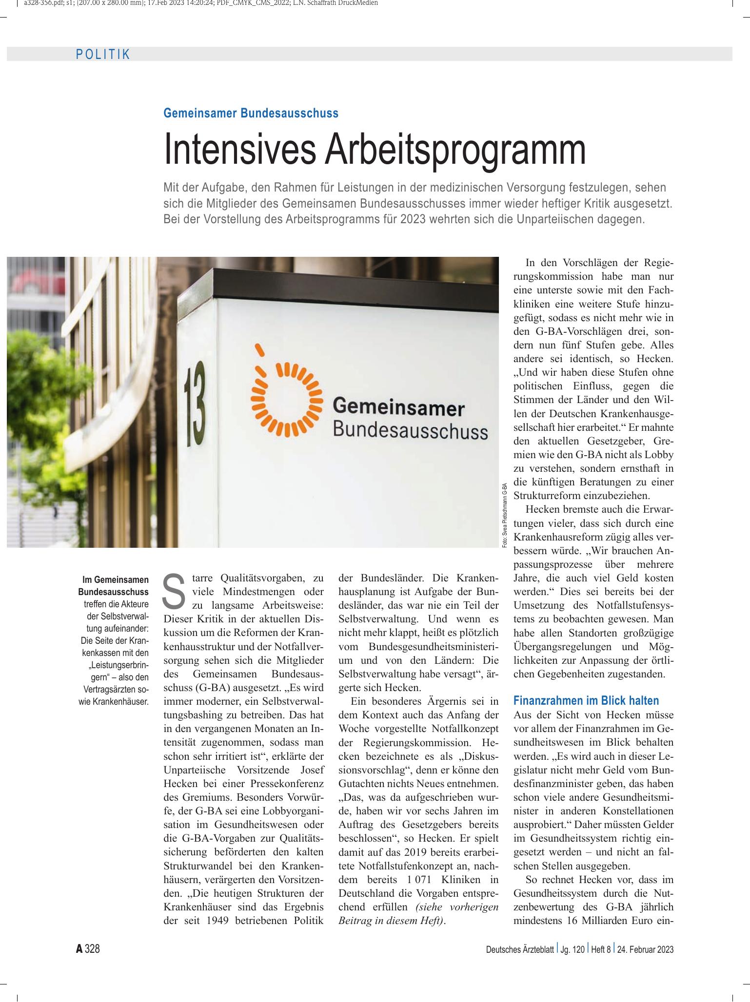 Vorschauseite 1: Gemeinsamer Bundesausschuss: Intensives Arbeitsprogramm – Deutsches Ärzteblatt