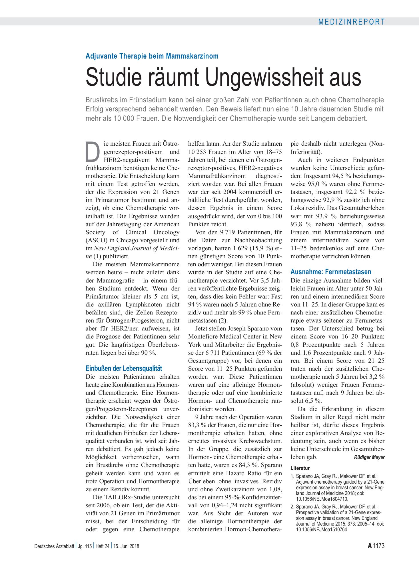 Vorschauseite 1: Adjuvante Therapie beim Mammakarzinom: Studie räumt Ungewissheit aus – Deutsches Ärzteblatt