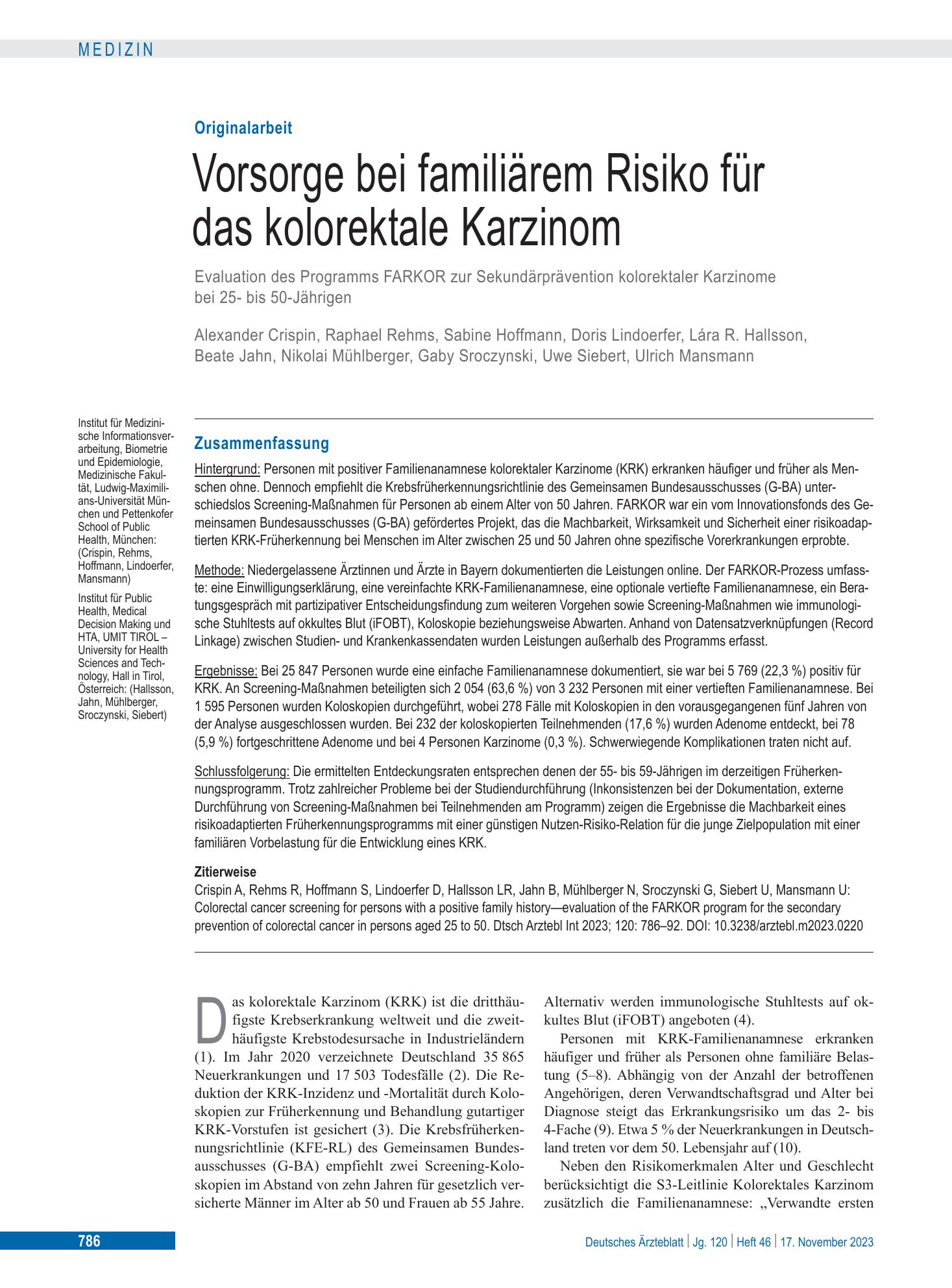 Vorschauseite 1: Vorsorge bei familiärem Risiko für das kolorektale Karzinom – Deutsches Ärzteblatt