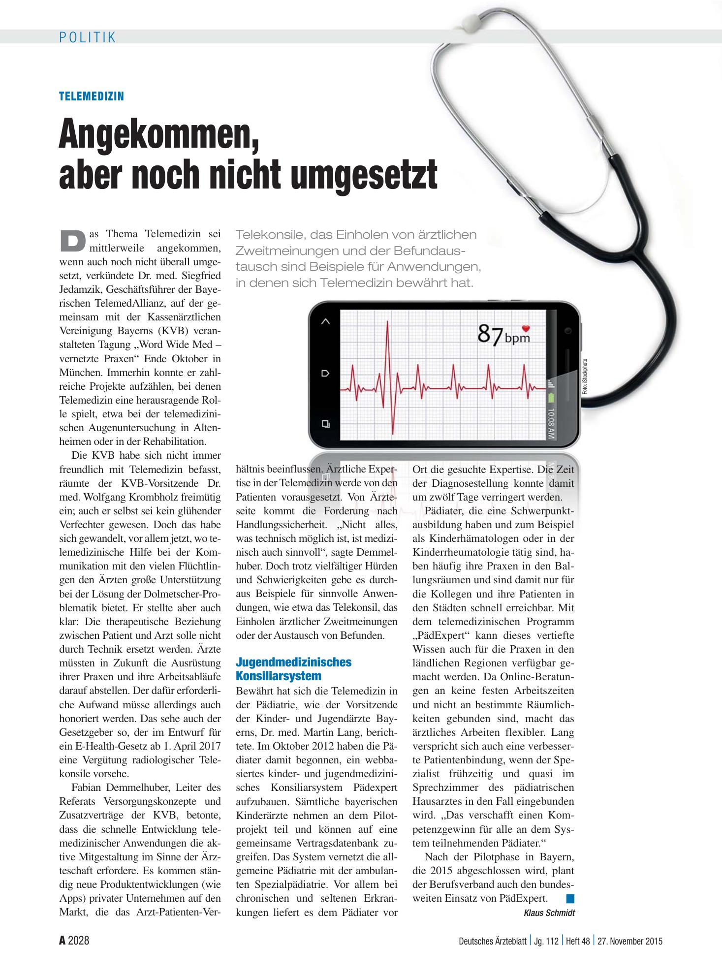 Vorschauseite 1: Telemedizin: Angekommen, aber noch nicht umgesetzt – Deutsches Ärzteblatt