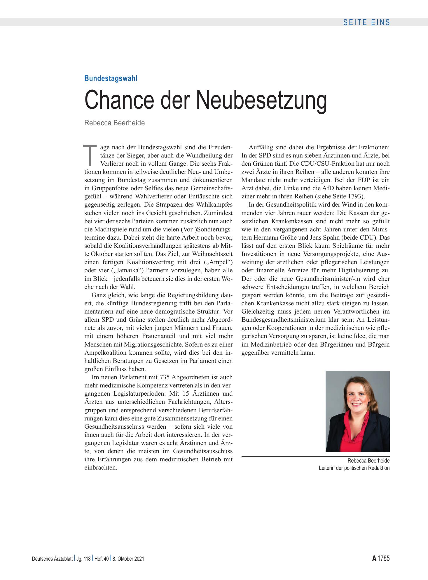 Vorschauseite 1: Bundestagswahl: Chance der Neubesetzung – Deutsches Ärzteblatt