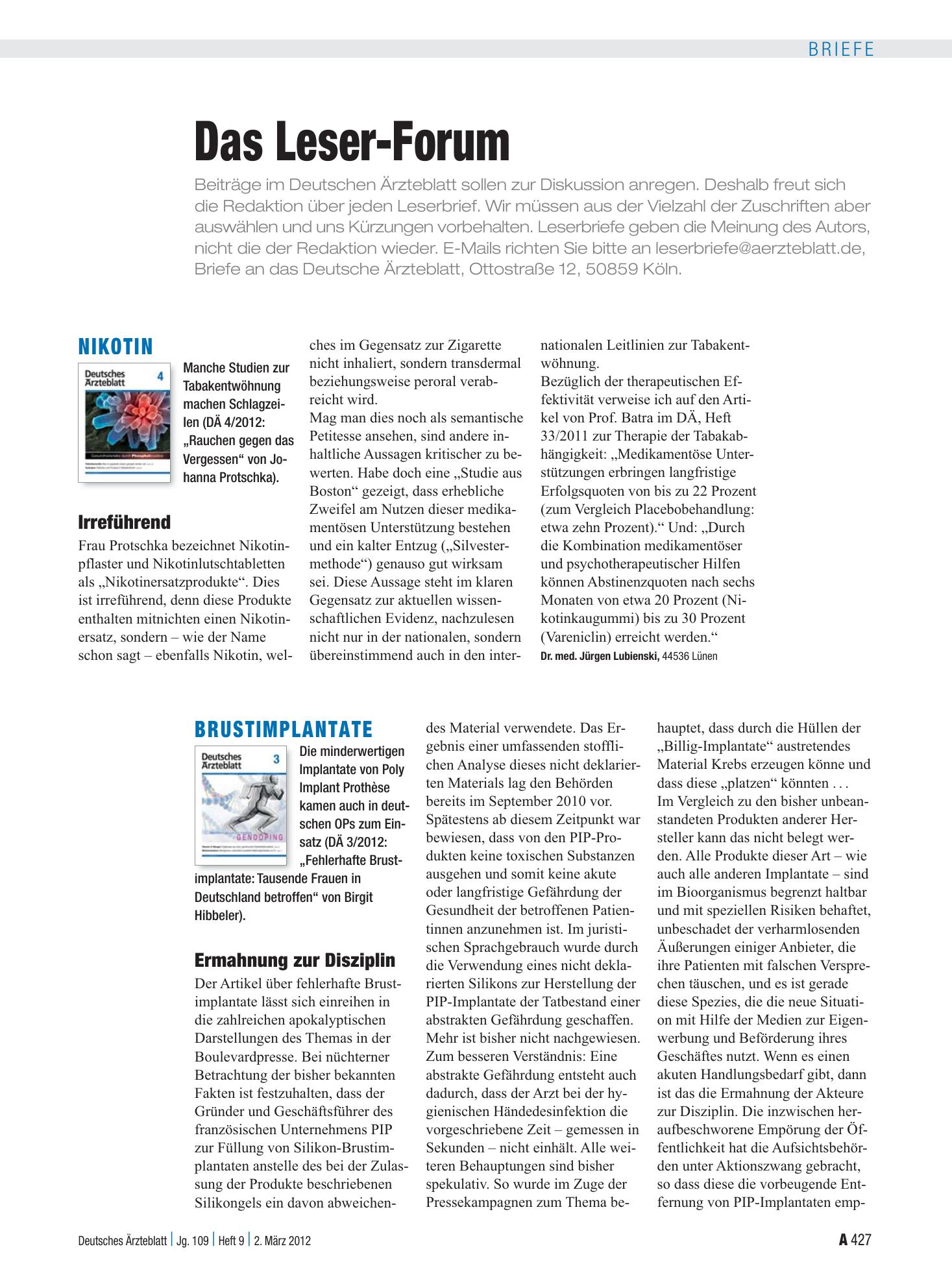 Vorschauseite 1: Nikotin: Irreführend – Deutsches Ärzteblatt