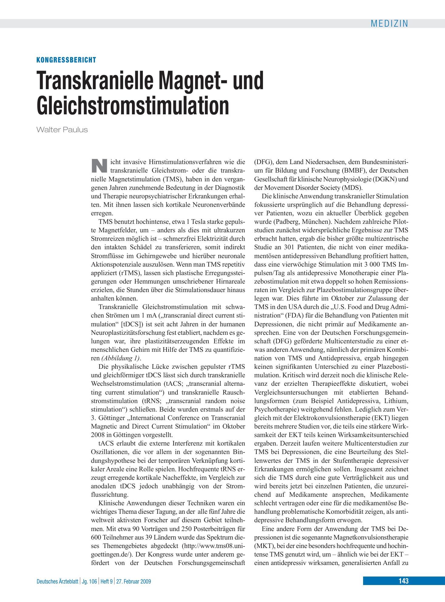 Vorschauseite 1: Transkranielle Magnet- und Gleichstromstimulation – Deutsches Ärzteblatt