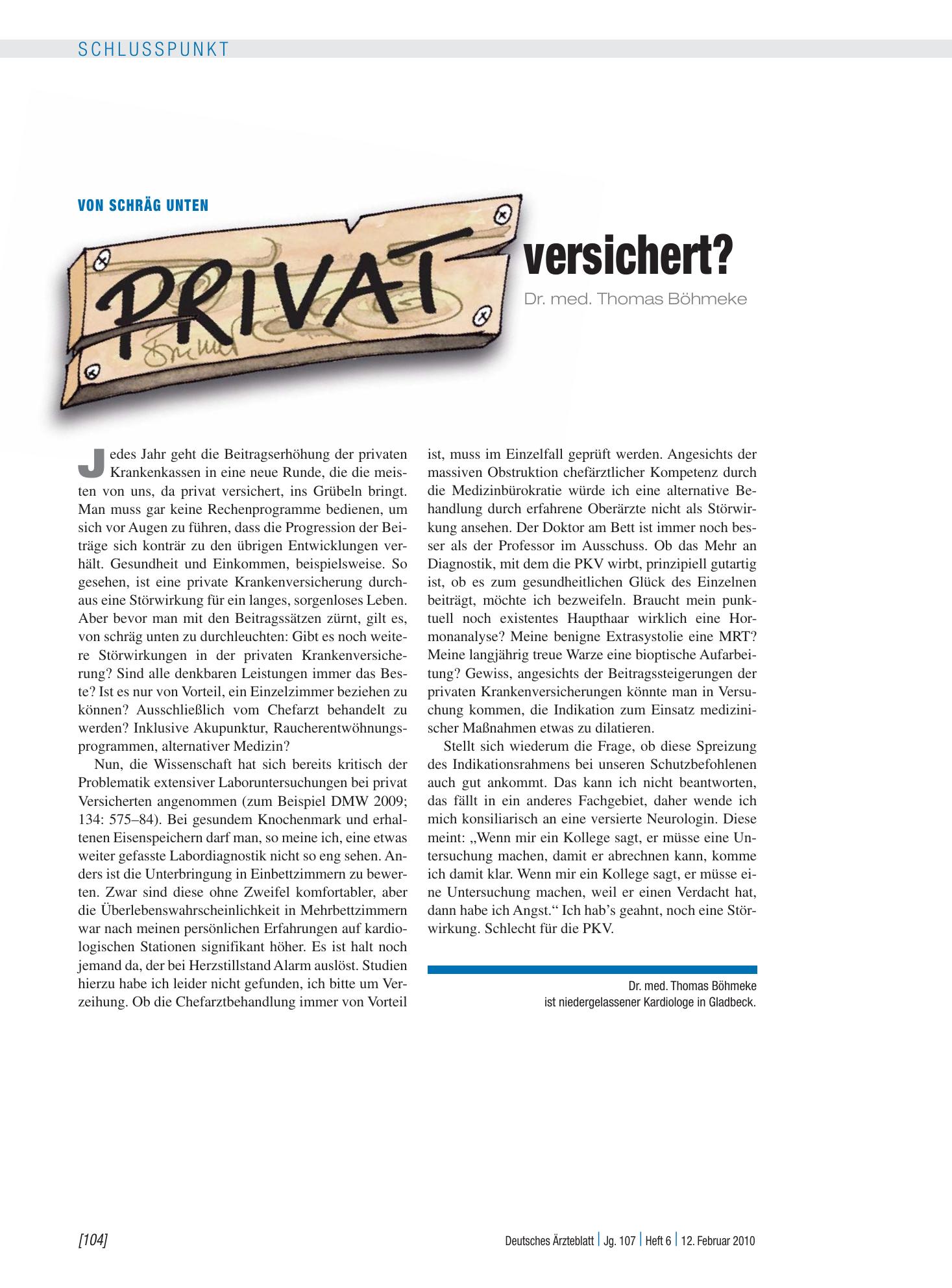 Vorschauseite 1: Von schräg unten: Privat versichert? – Deutsches Ärzteblatt