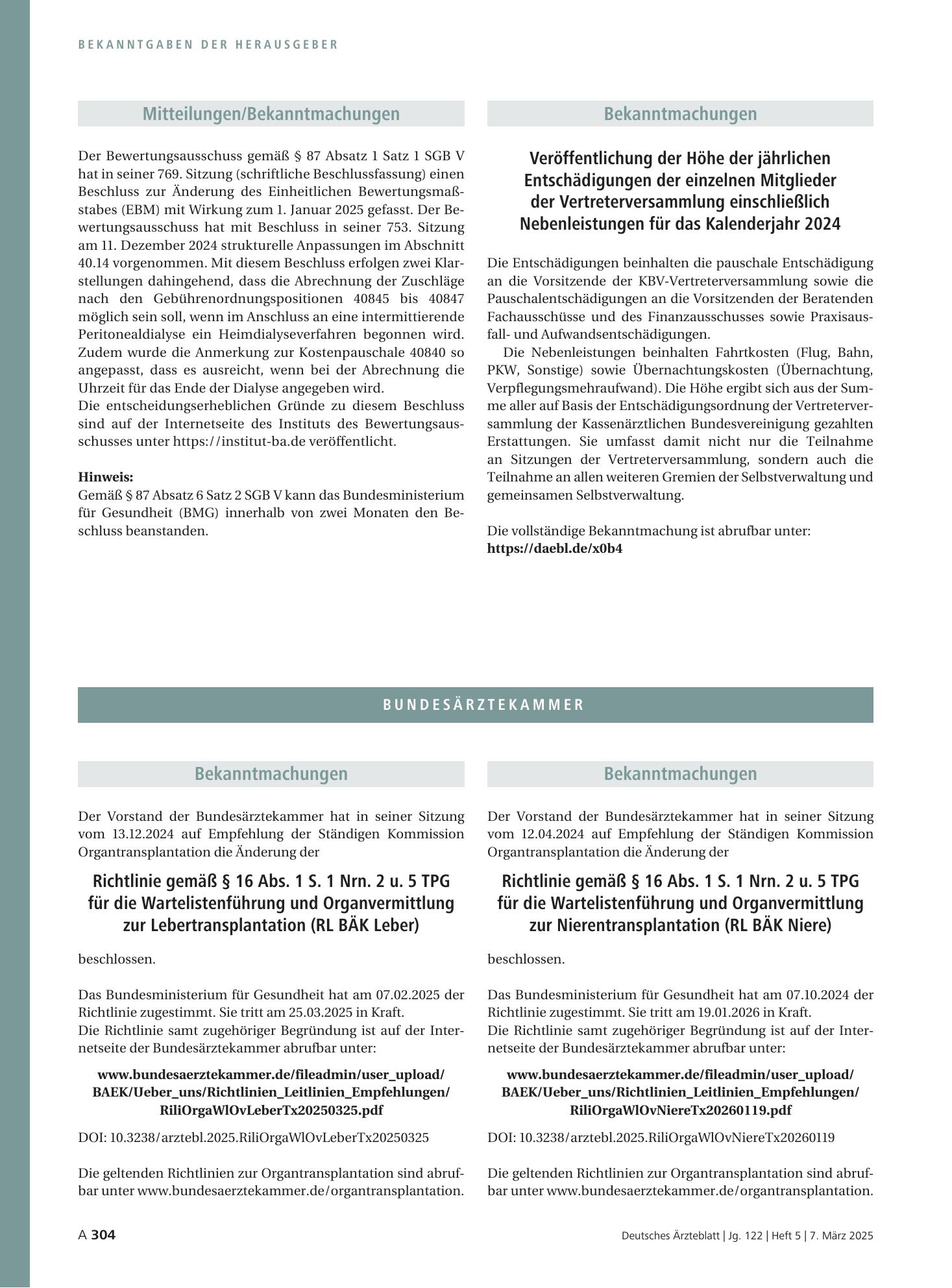 Vorschauseite 1: Veröffentlichung der Höhe der jährlichen Entschädigungen der einzelnen Mitglieder der Vertreterversammlung einschließlich Nebenleistungen für das Kalenderjahr 2024 – Deutsches Ärz…