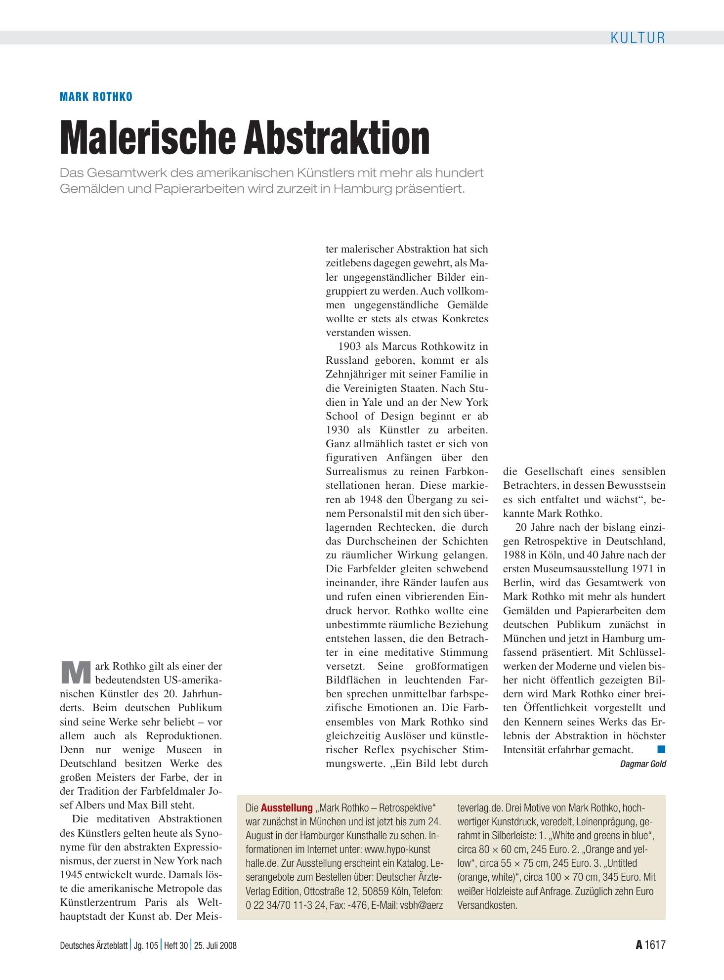 Vorschauseite 1: Mark Rothko: Malerische Abstraktion – Deutsches Ärzteblatt