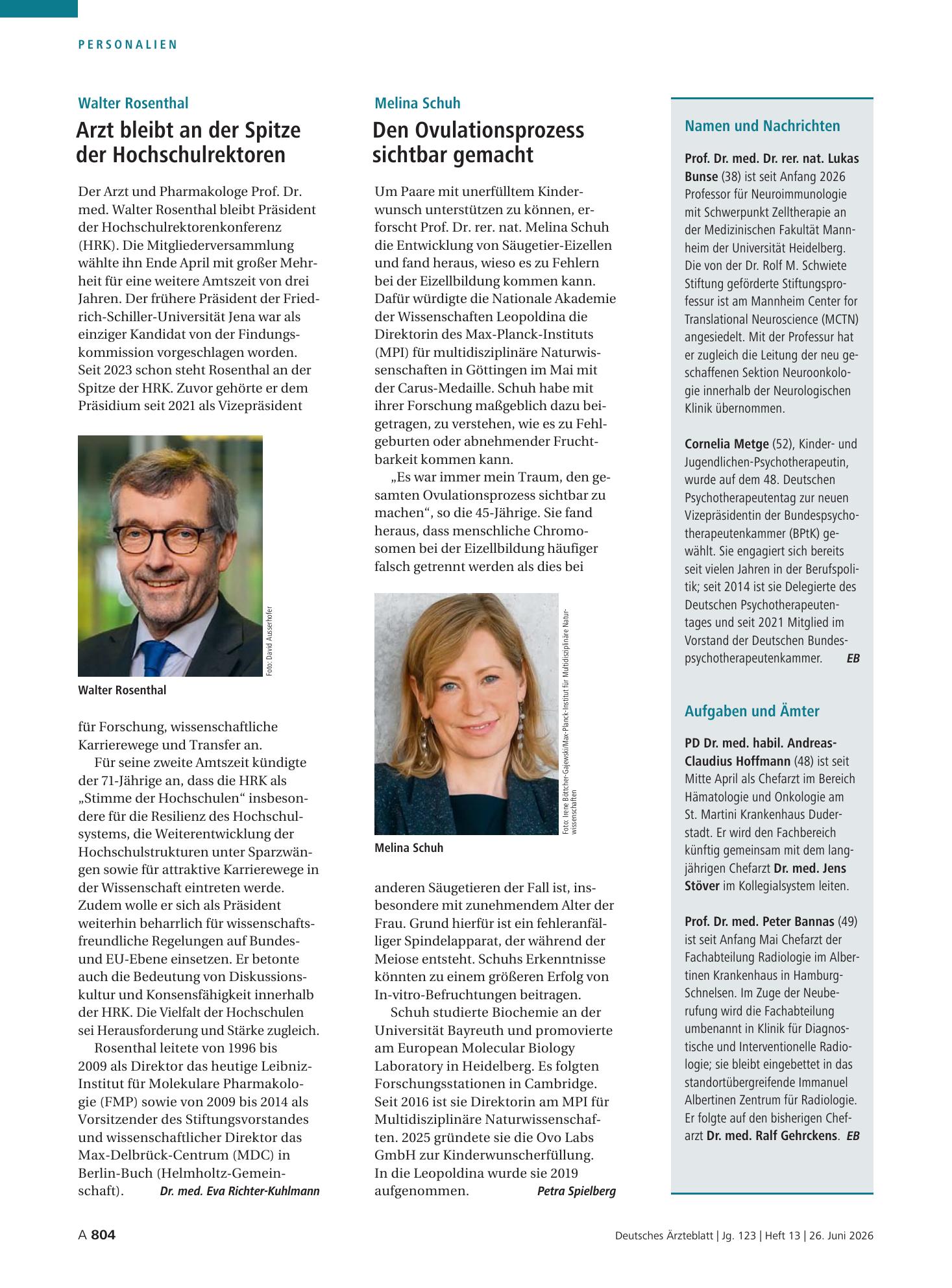 Vorschauseite 1: Walter Rosenthal: Arzt bleibt an der Spitze der Hochschulrektoren – Deutsches Ärzteblatt