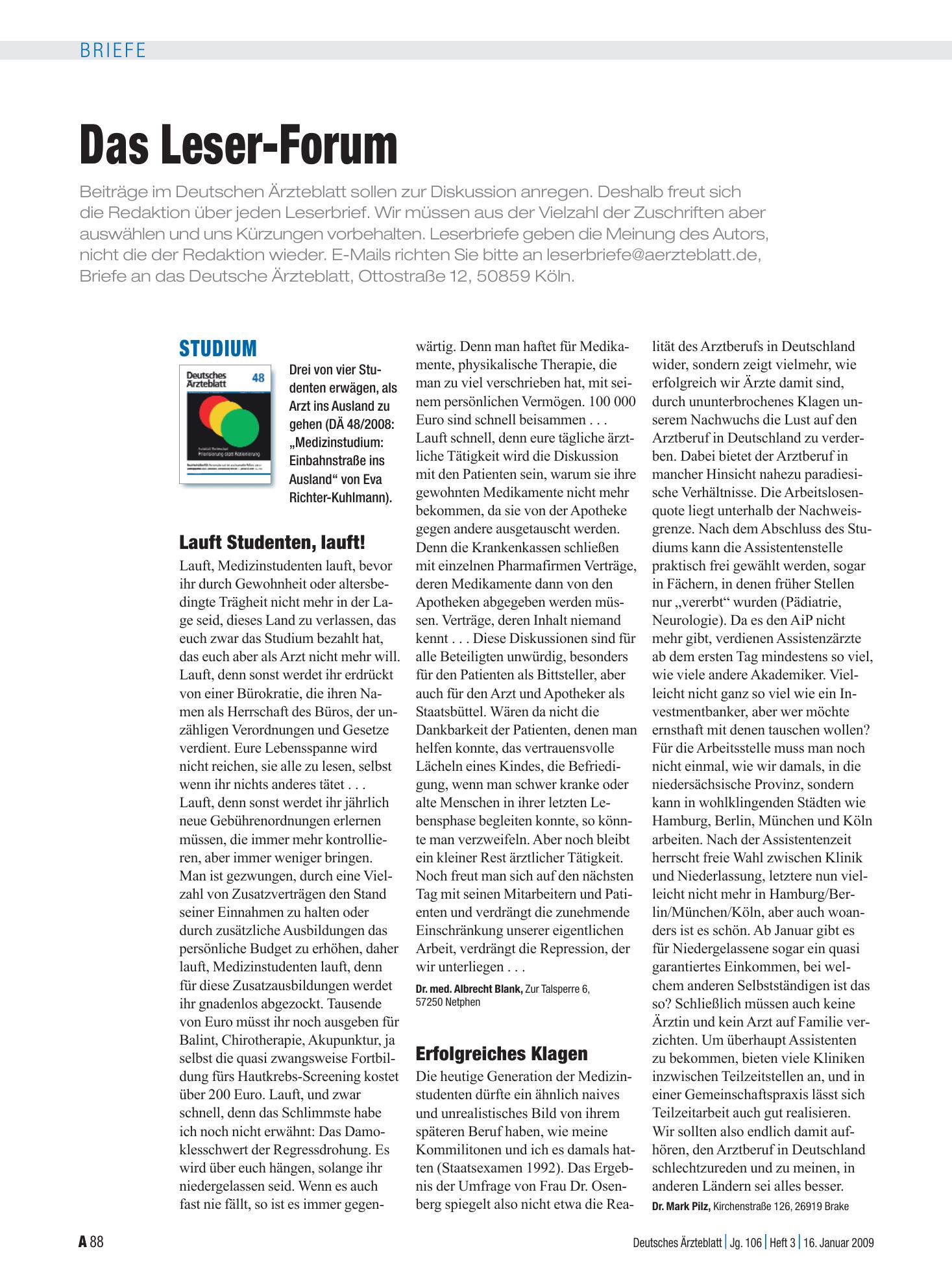 Vorschauseite 1: Studium: Lauft Studenten, lauft! – Deutsches Ärzteblatt