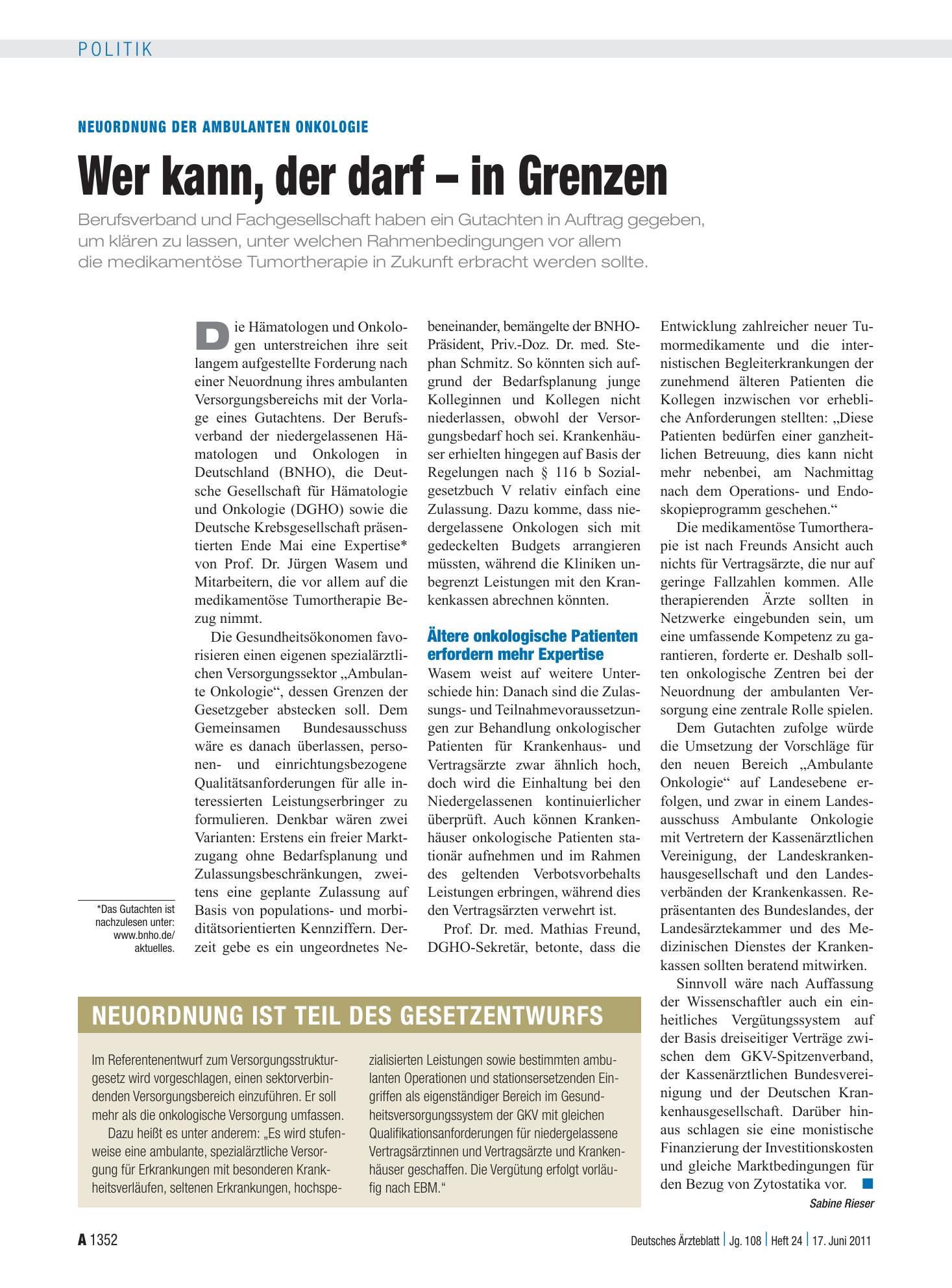 Vorschauseite 1: Neuordnung der ambulanten Onkologie: Wer kann, der darf – in Grenzen – Deutsches Ärzteblatt