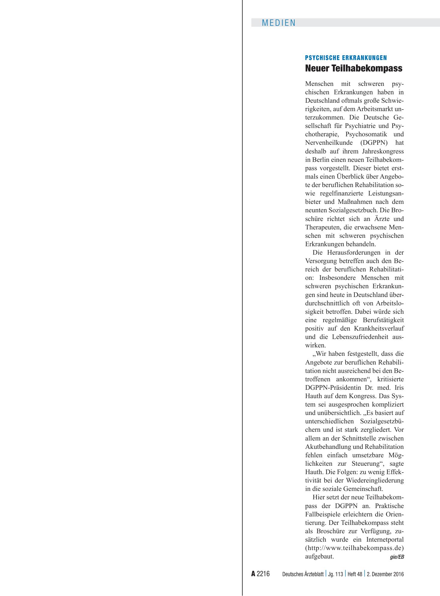 Vorschauseite 1: Psychische Erkrankungen: Neuer Teilhabekompass – Deutsches Ärzteblatt