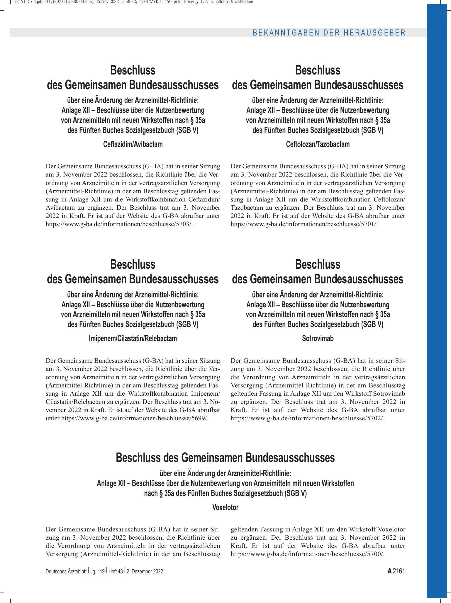 Vorschauseite 1: Beschluss des Gemeinsamen Bundesausschusses über eine Änderung der Arzneimittel-Richtlinie: Ceftolozan/Tazobactam – Deutsches Ärzteblatt