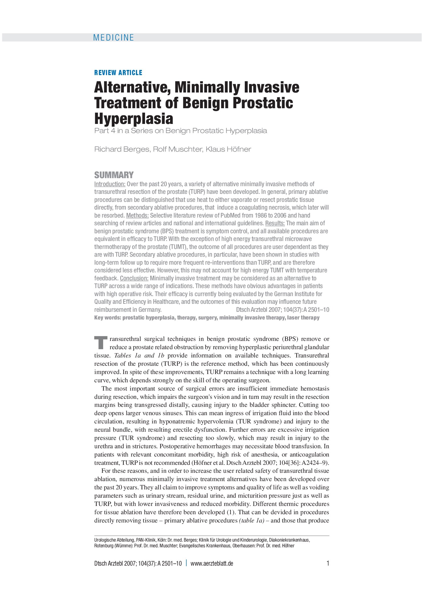Vorschauseite 1: Alternative, minimalinvasive Therapien beim benignen Prostatasyndrom – Deutsches Ärzteblatt