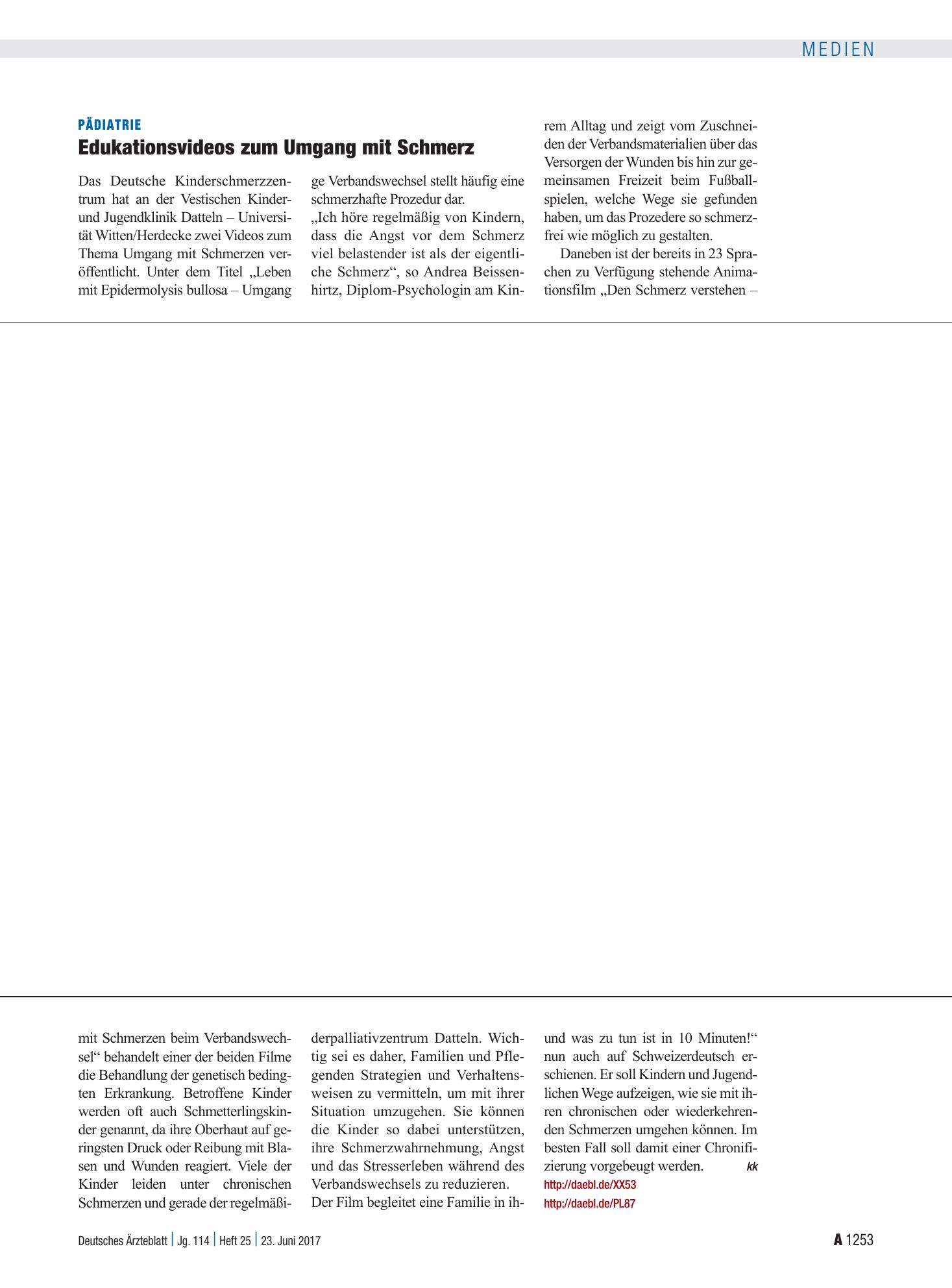 Vorschauseite 1: Pädiatrie: Edukationsvideos zum Umgang mit Schmerz – Deutsches Ärzteblatt