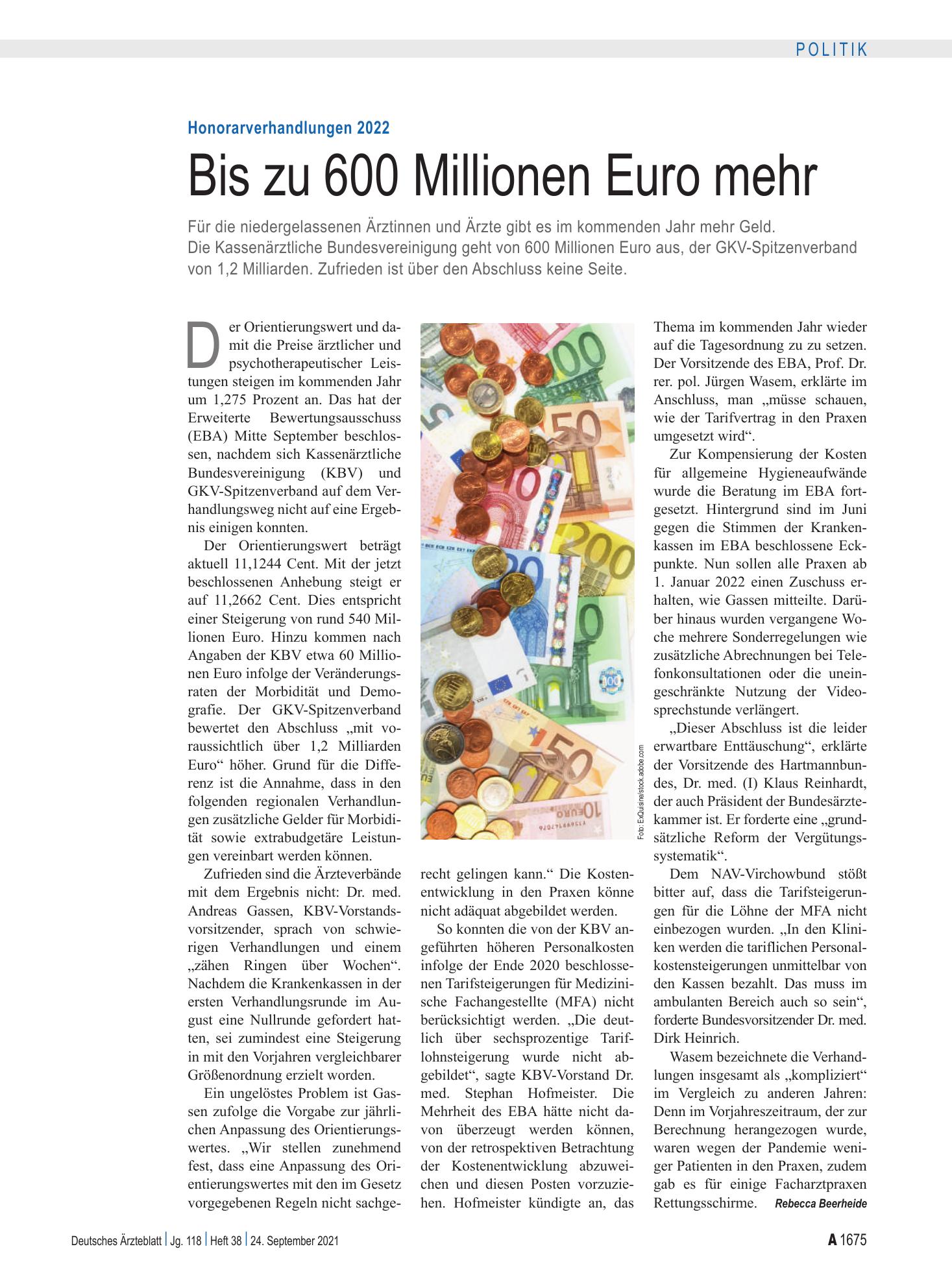 Vorschauseite 1: Honorarverhandlungen 2022: Bis zu 600 Millionen Euro mehr – Deutsches Ärzteblatt