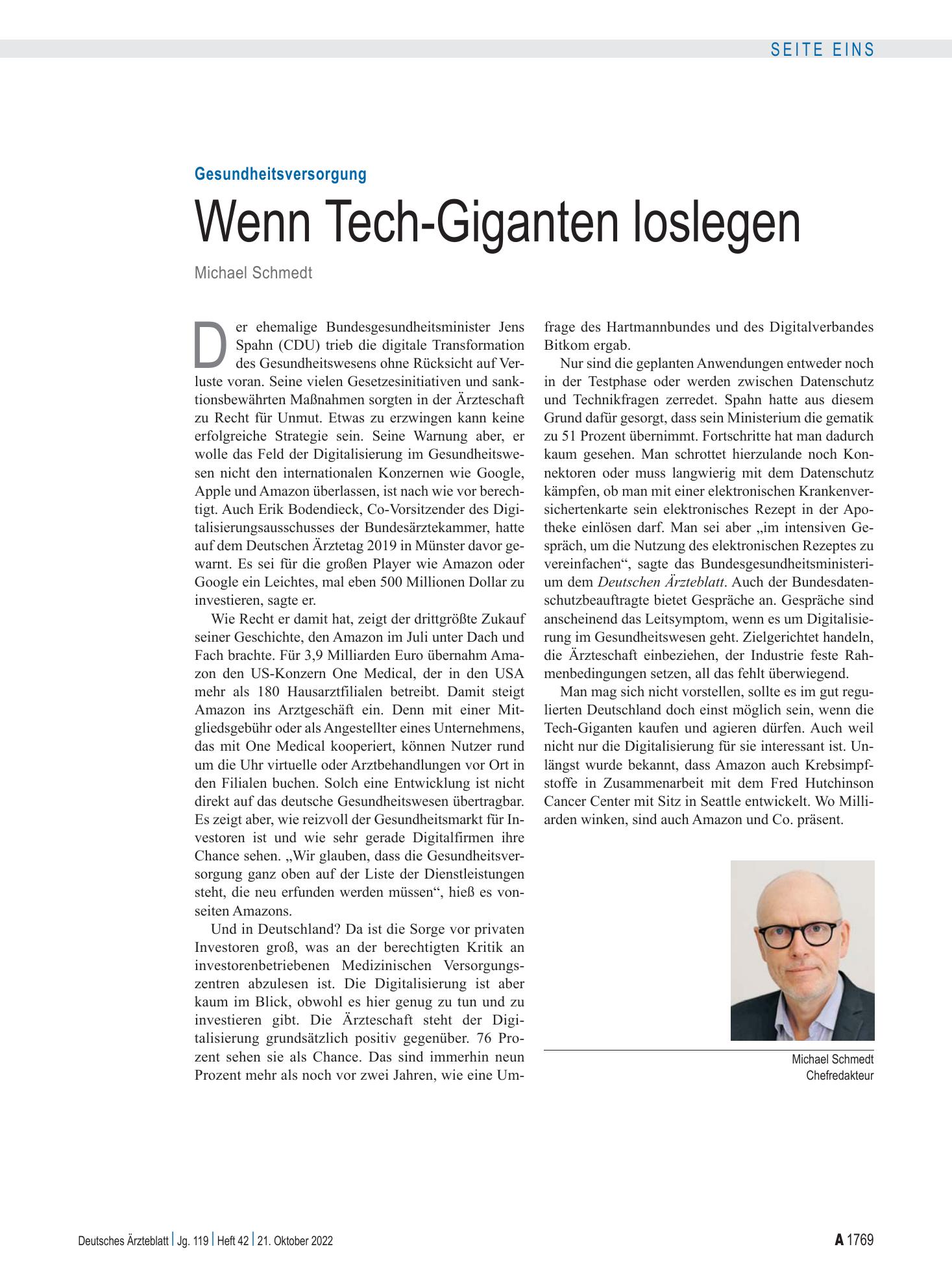 Vorschauseite 1: Gesundheitsversorgung: Wenn Tech-Giganten loslegen – Deutsches Ärzteblatt