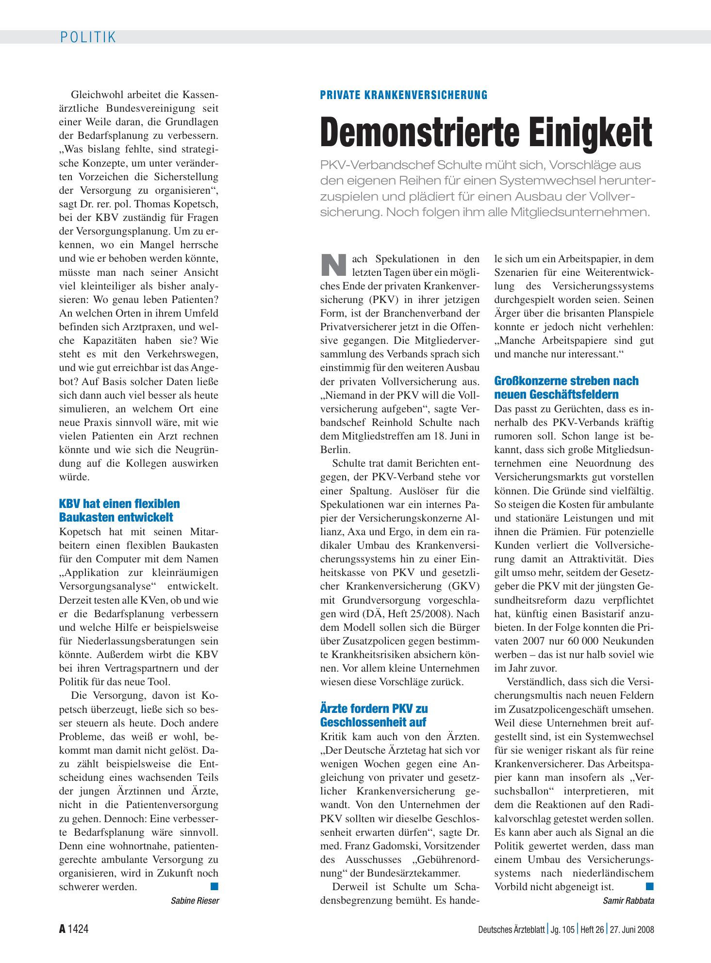 Vorschauseite 1: Private Krankenversicherung: Demonstrierte Einigkeit – Deutsches Ärzteblatt