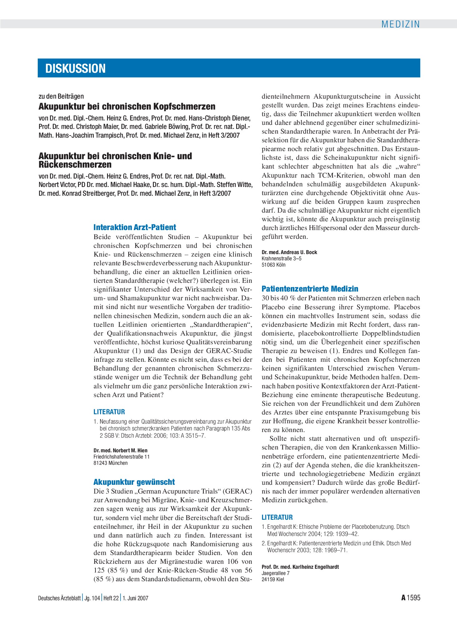 Vorschauseite 1: Akupunktur bei chronischen Schmerzen: Interaktion Arzt-Patient – Deutsches Ärzteblatt