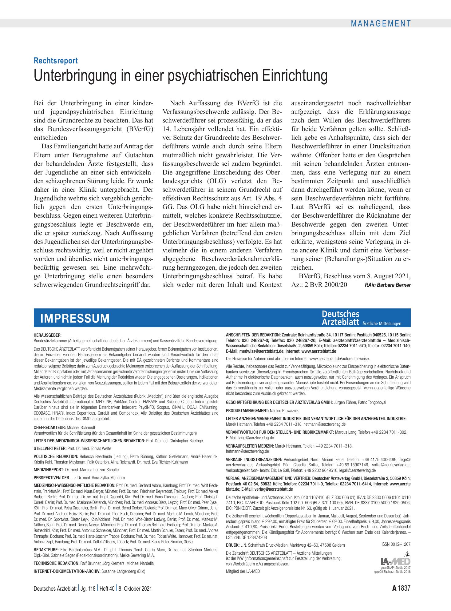 Vorschauseite 1: Rechtsreport: Unterbringung in einer psychiatrischen Einrichtung – Deutsches Ärzteblatt