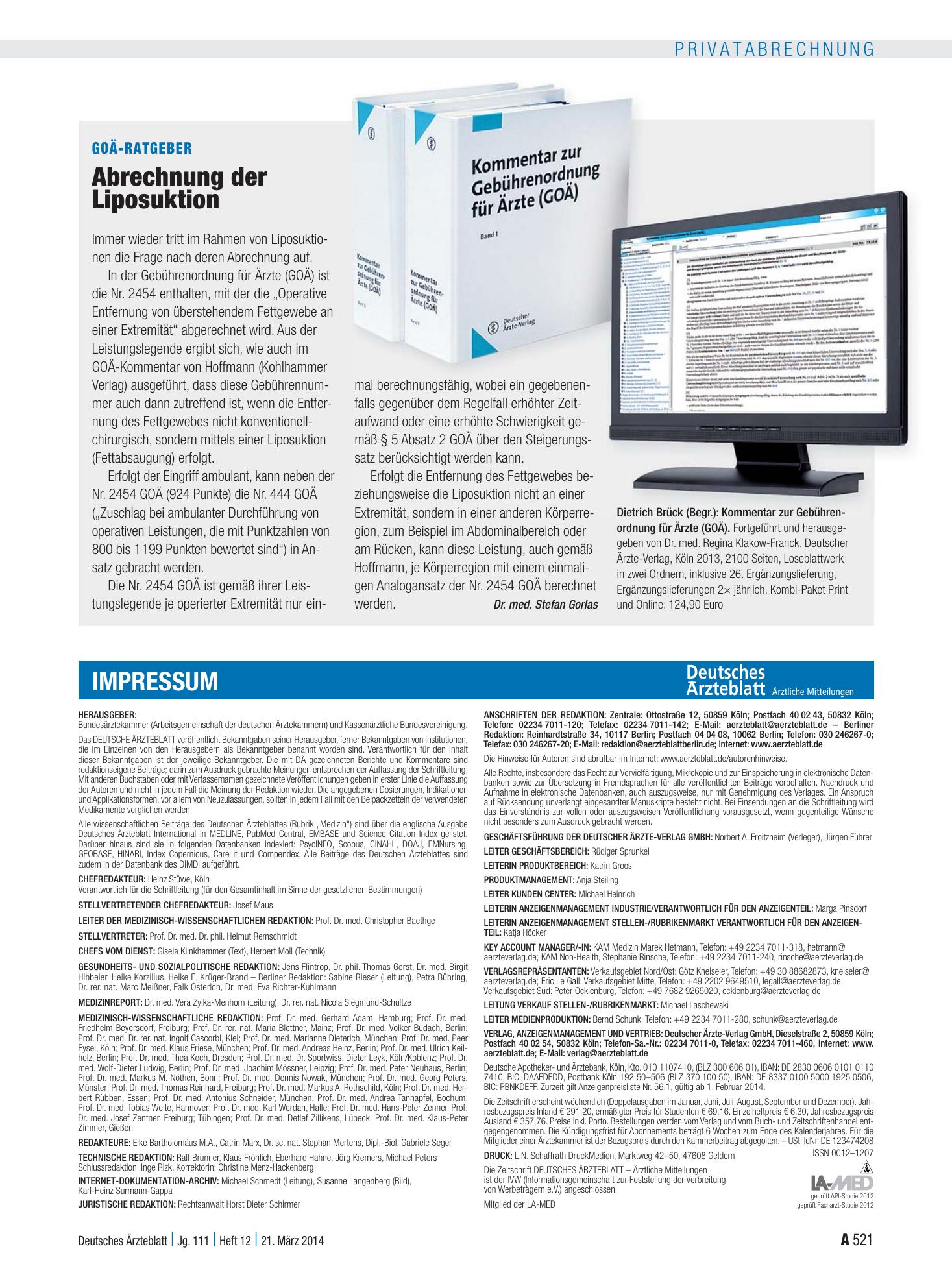 Vorschauseite 1: GOÄ-Ratgeber: Abrechnung der Liposuktion – Deutsches Ärzteblatt