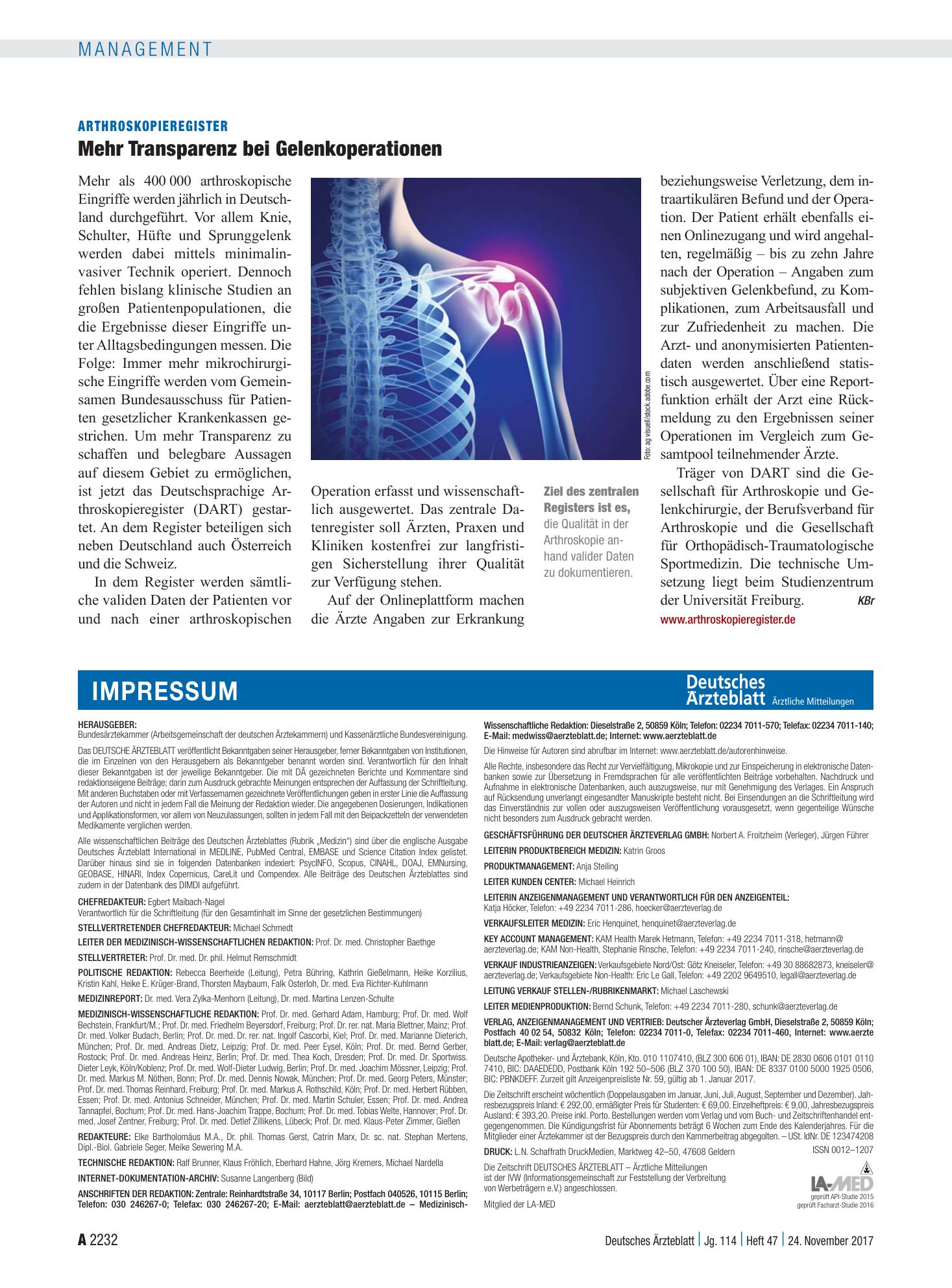 Vorschauseite 1: Arthroskopieregister: Mehr Transparenz bei Gelenkoperationen – Deutsches Ärzteblatt