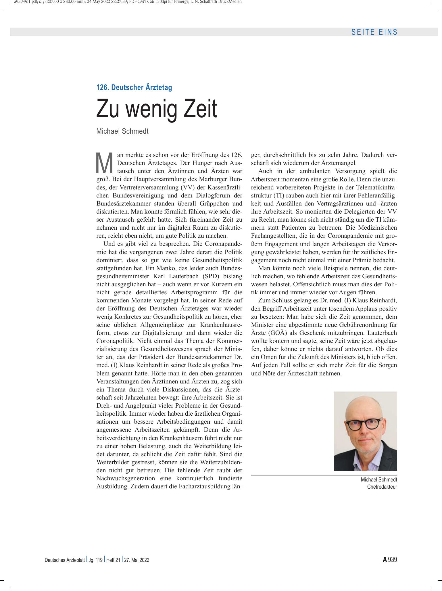 Vorschauseite 1: 126. Deutscher Ärztetag: Zu wenig Zeit – Deutsches Ärzteblatt