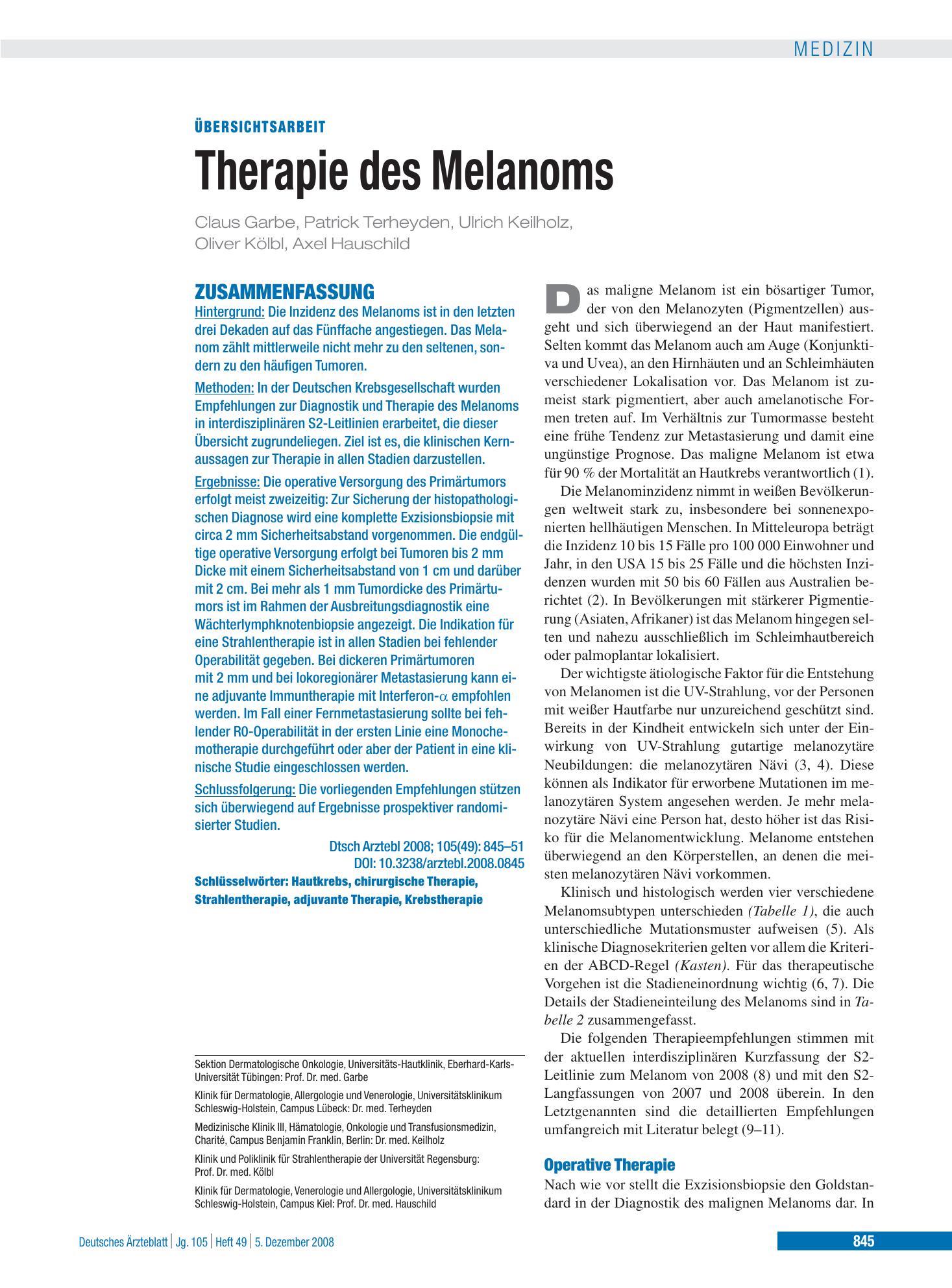 Vorschauseite 1: Therapie des Melanoms – Deutsches Ärzteblatt