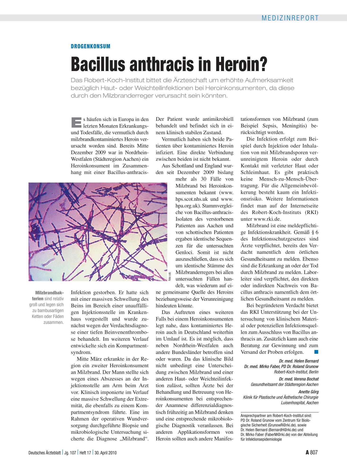 Vorschauseite 1: Drogenkonsum: Bacillus anthracis in Heroin? – Deutsches Ärzteblatt