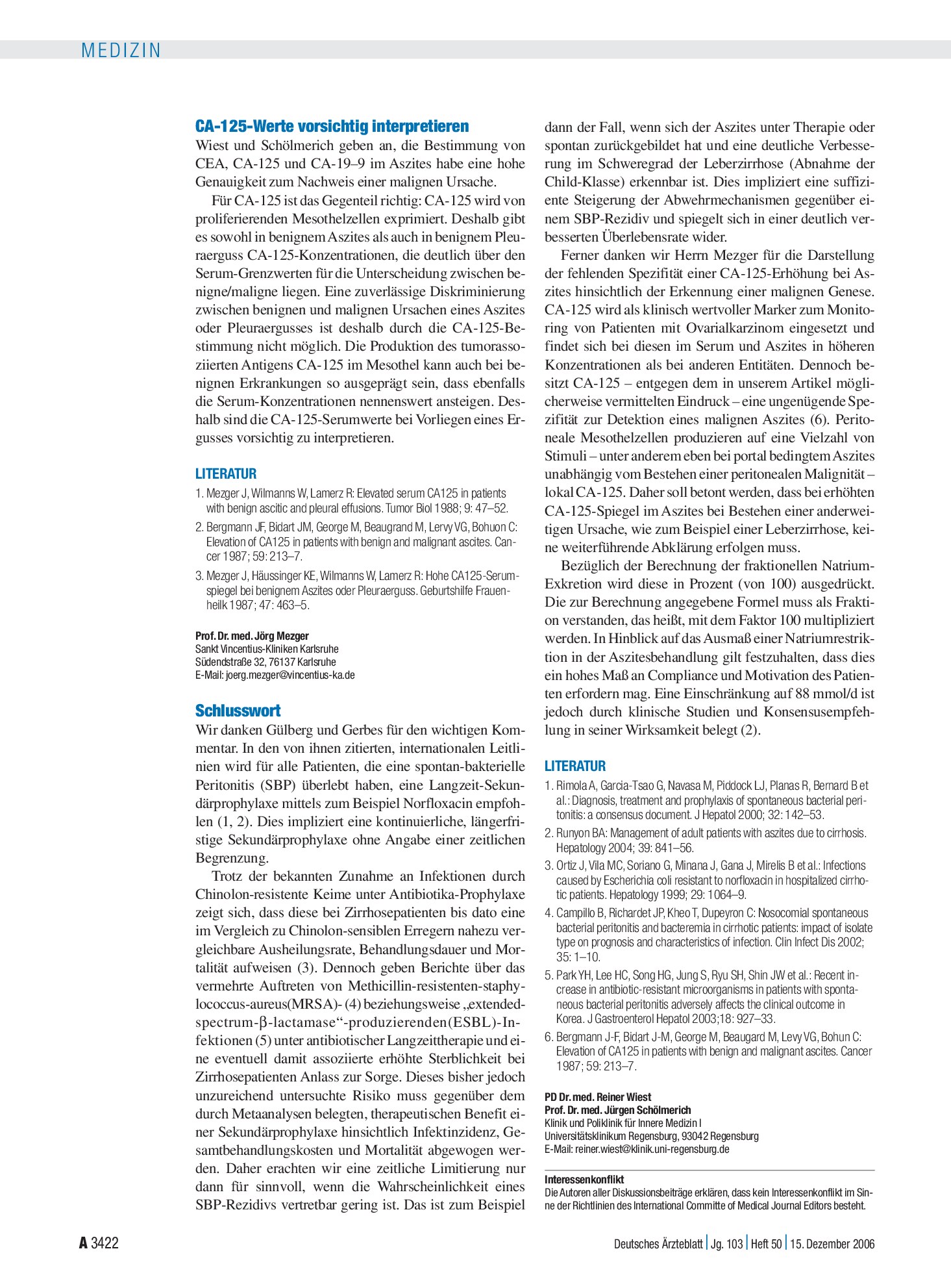 Vorschauseite 1: Diagnostik und Therapie des Aszites: CA-125-Werte vorsichtig interpretieren – Deutsches Ärzteblatt