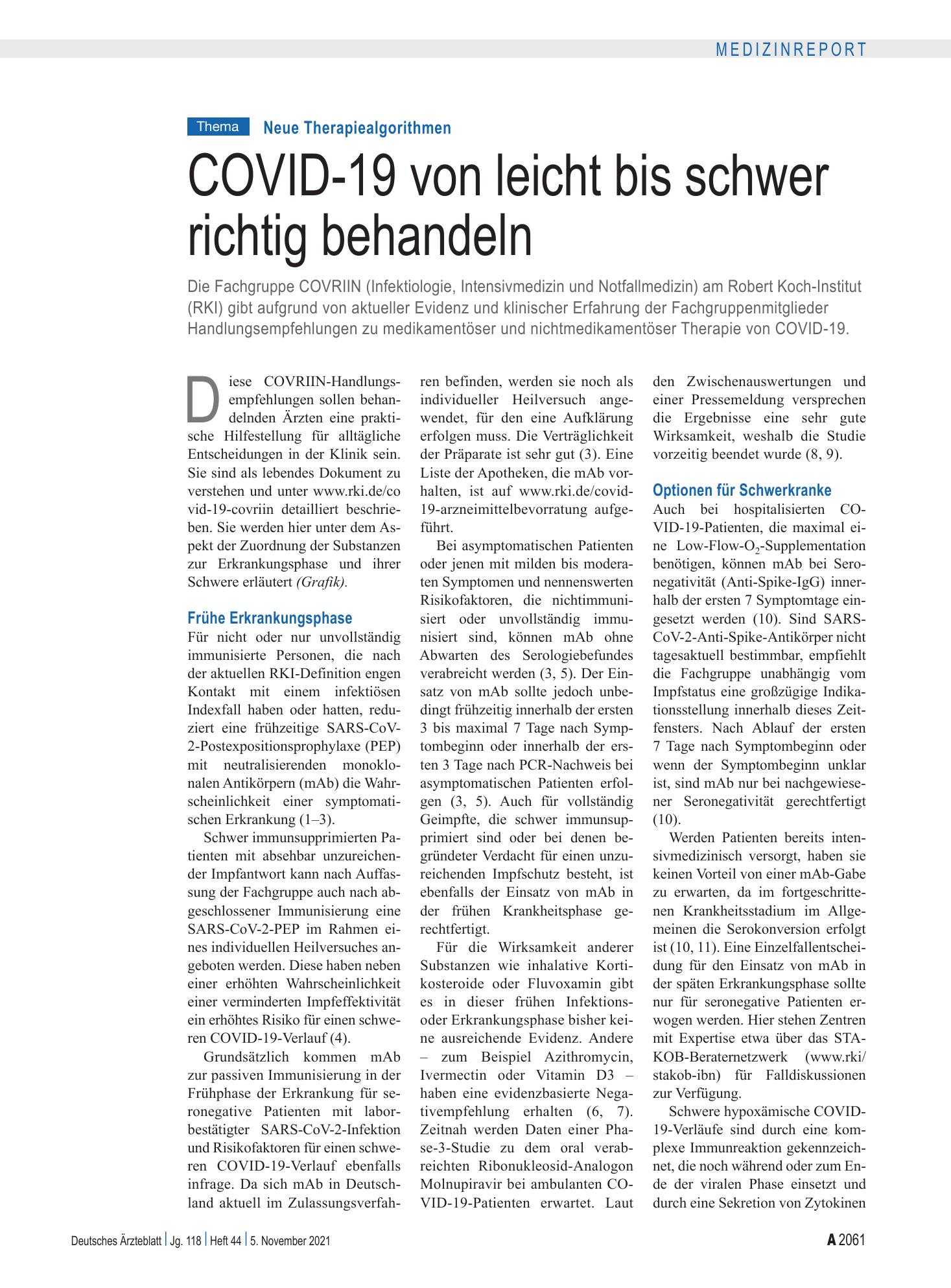 Vorschauseite 1: Neue Therapiealgorithmen: COVID-19 von leicht bis schwer richtig behandeln – Deutsches Ärzteblatt