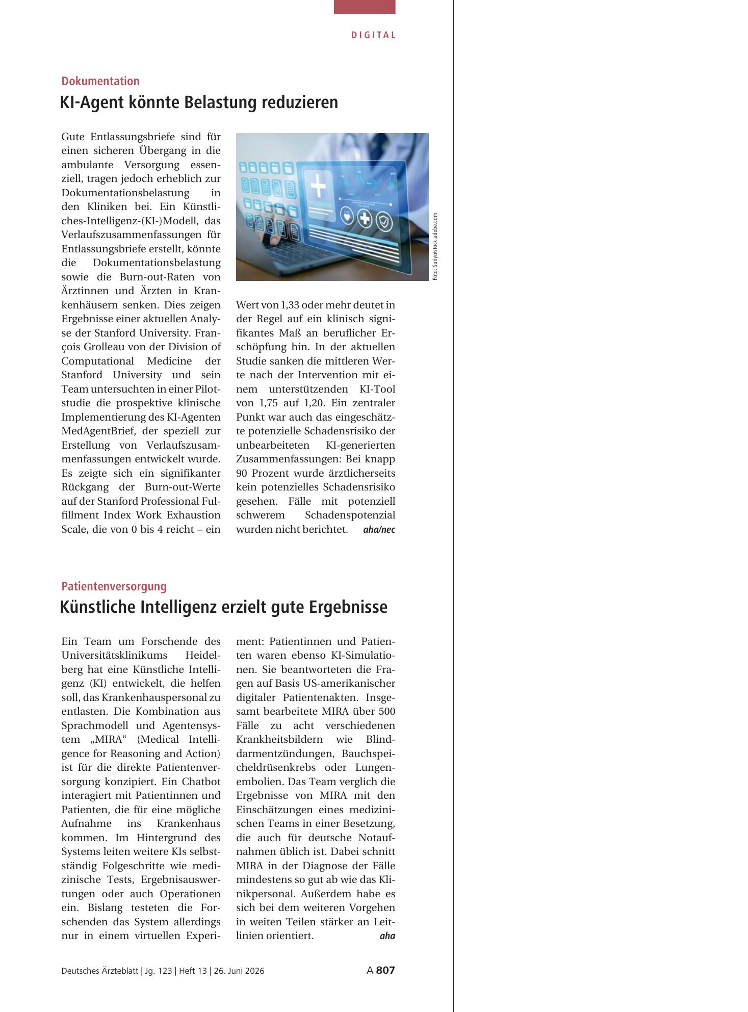 Vorschauseite 1: Dokumentation: KI-Agent könnte Belastung reduzieren – Deutsches Ärzteblatt