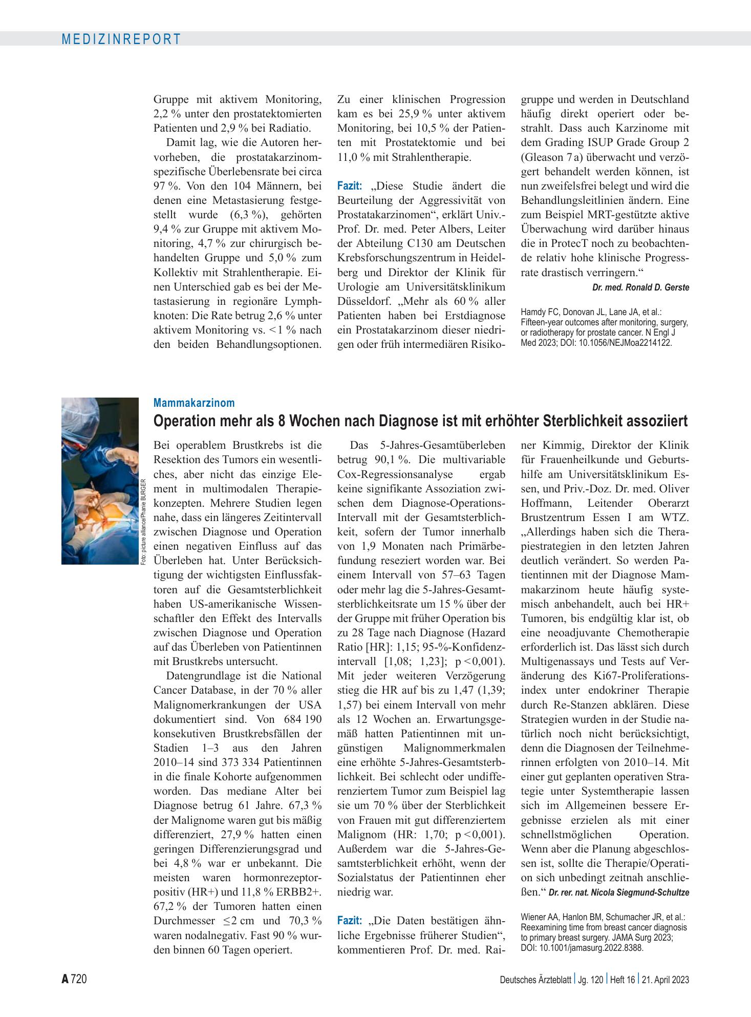Vorschauseite 1: Mammakarzinom: Operation mehr als 8 Wochen nach Diagnose ist mit erhöhter Sterblichkeit assoziiert – Deutsches Ärzteblatt