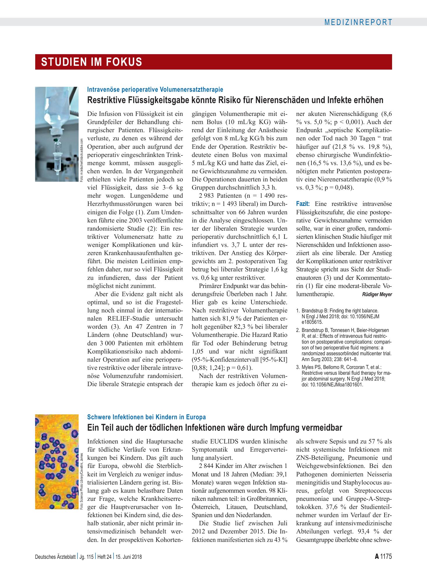 Vorschauseite 1: Intravenöse perioperative Volumenersatztherapie: Restriktive Flüssigkeitsgabe könnte Risiko für Nierenschäden und Infekte erhöhen – Deutsches Ärzteblatt