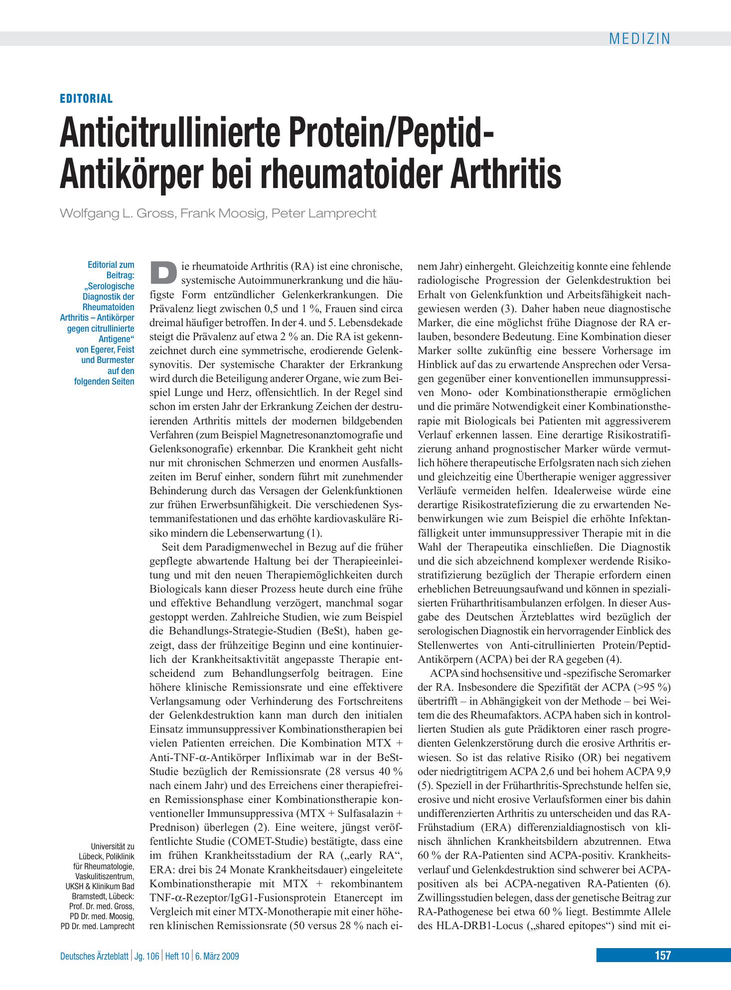 Vorschauseite 1: Serologische Diagnostik der rheumatoiden Arthritis – Deutsches Ärzteblatt