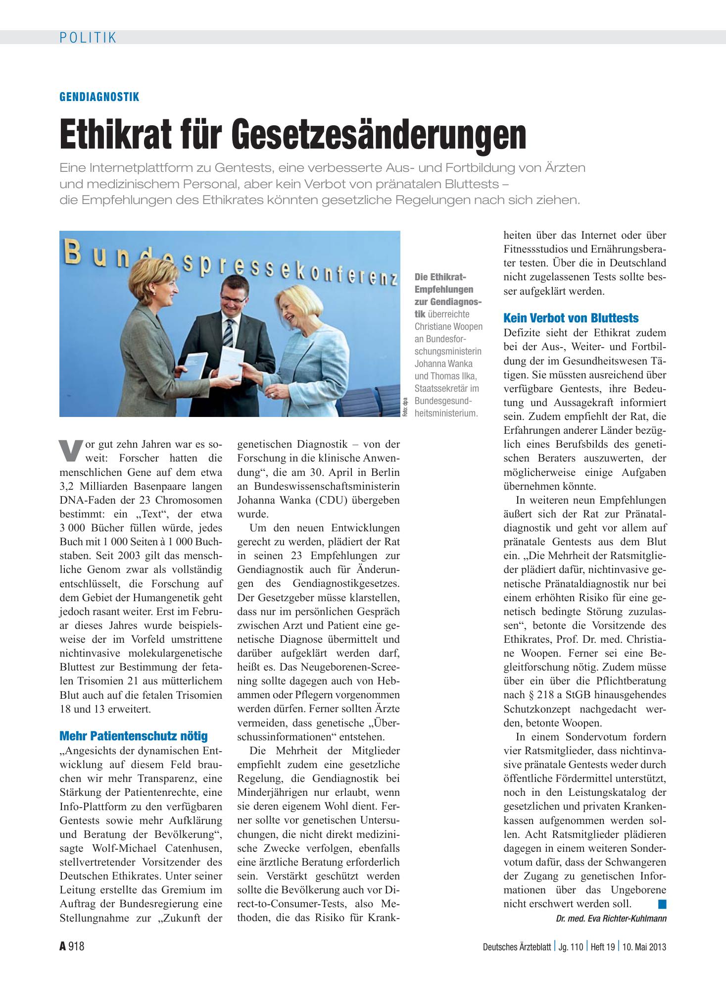 Vorschauseite 1: Gendiagnostik: Ethikrat für Gesetzesänderungen – Deutsches Ärzteblatt