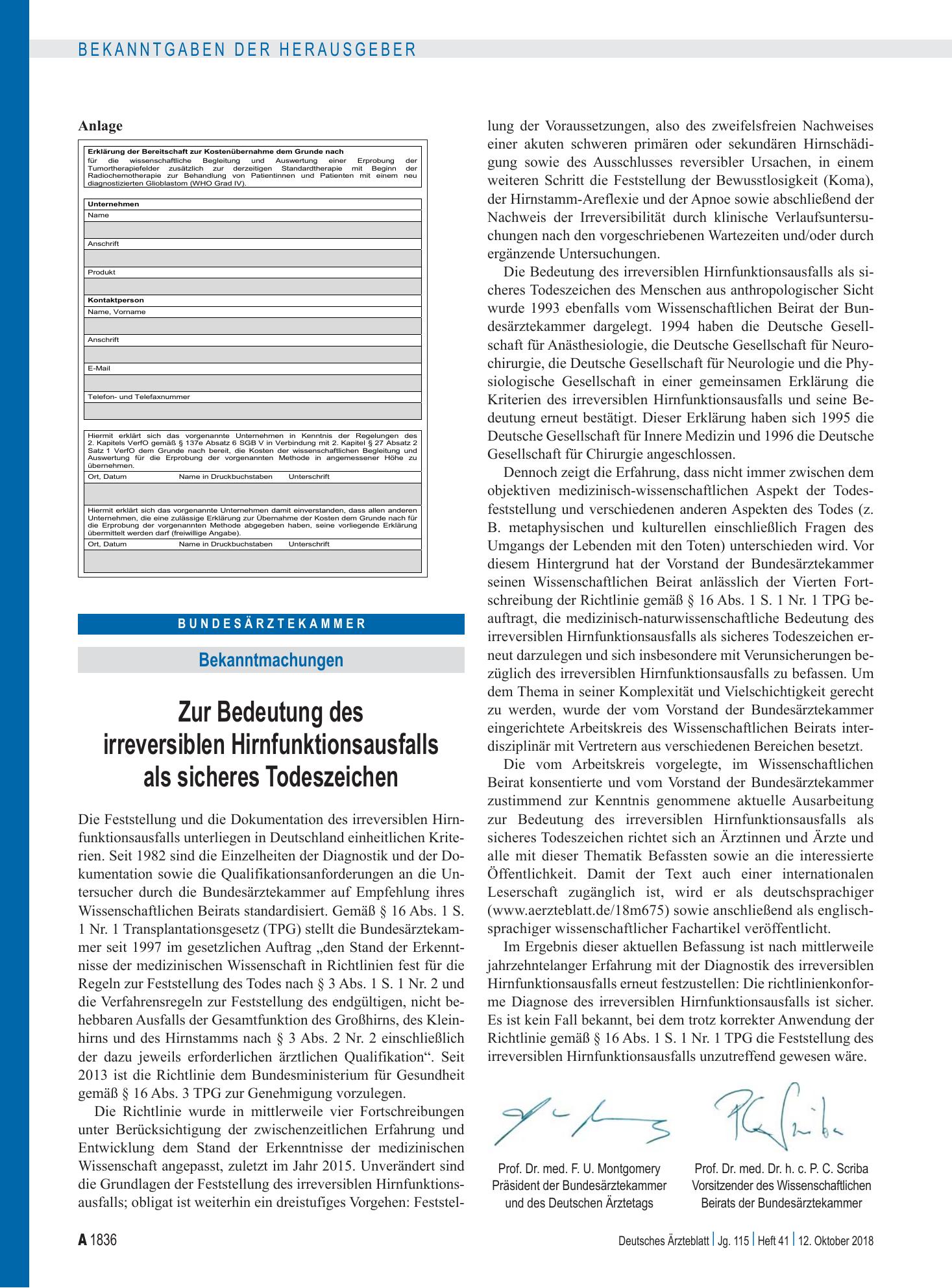 Vorschauseite 1: Zur Bedeutung des irreversiblen Hirnfunktionsausfalls als sicheres Todeszeichen – Deutsches Ärzteblatt