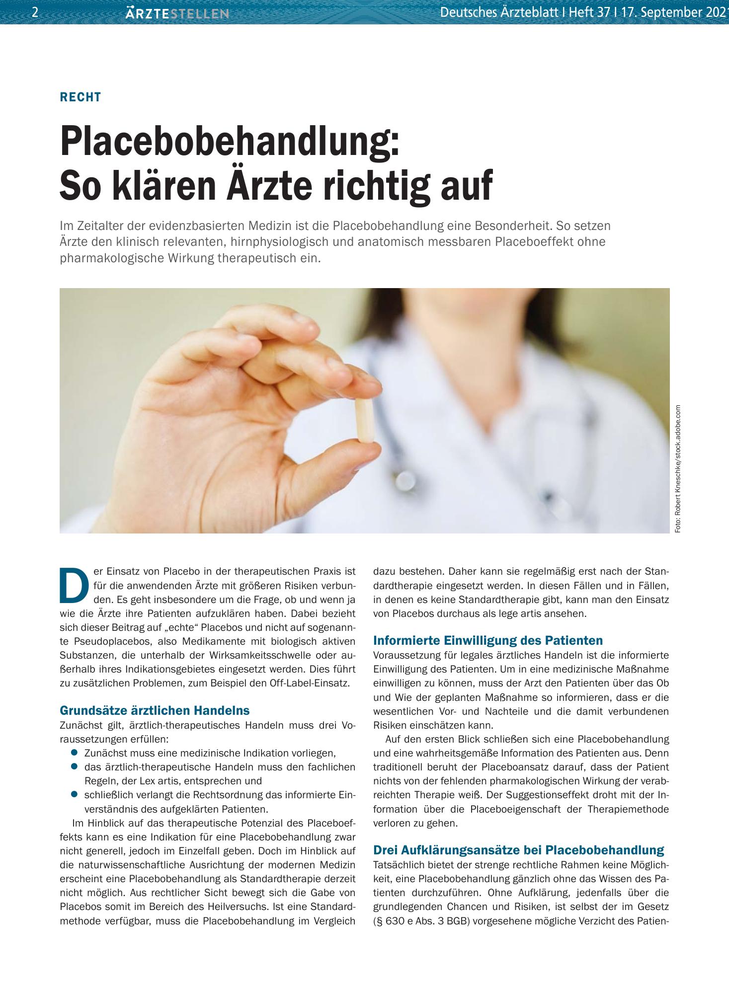 Vorschauseite 1: Recht: Placebobehandlung – So klären Ärzte richtig auf – Deutsches Ärzteblatt