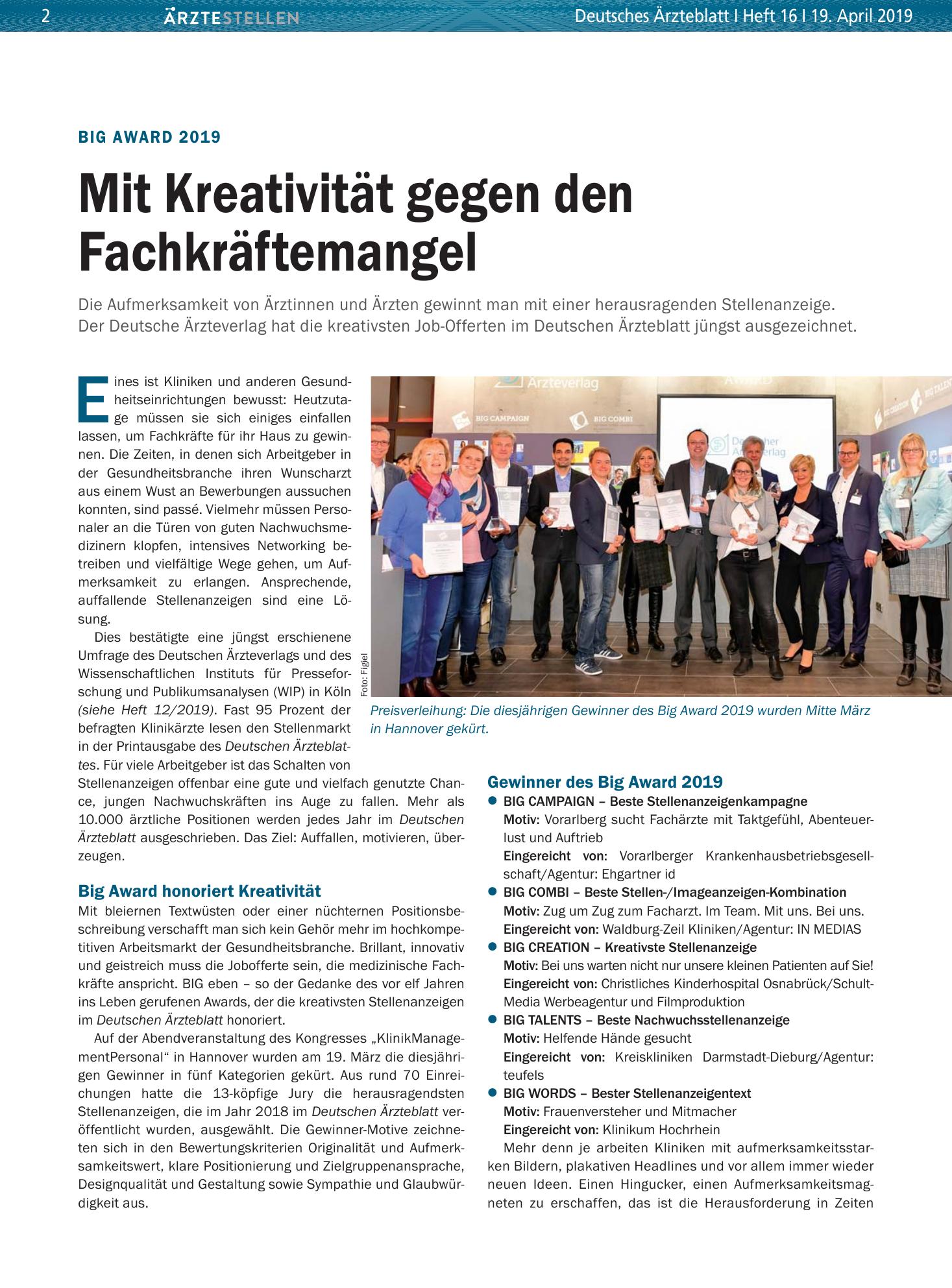 Vorschauseite 1: Big Award 2019: Mit Kreativität gegen den Fachkräftemangel – Deutsches Ärzteblatt
