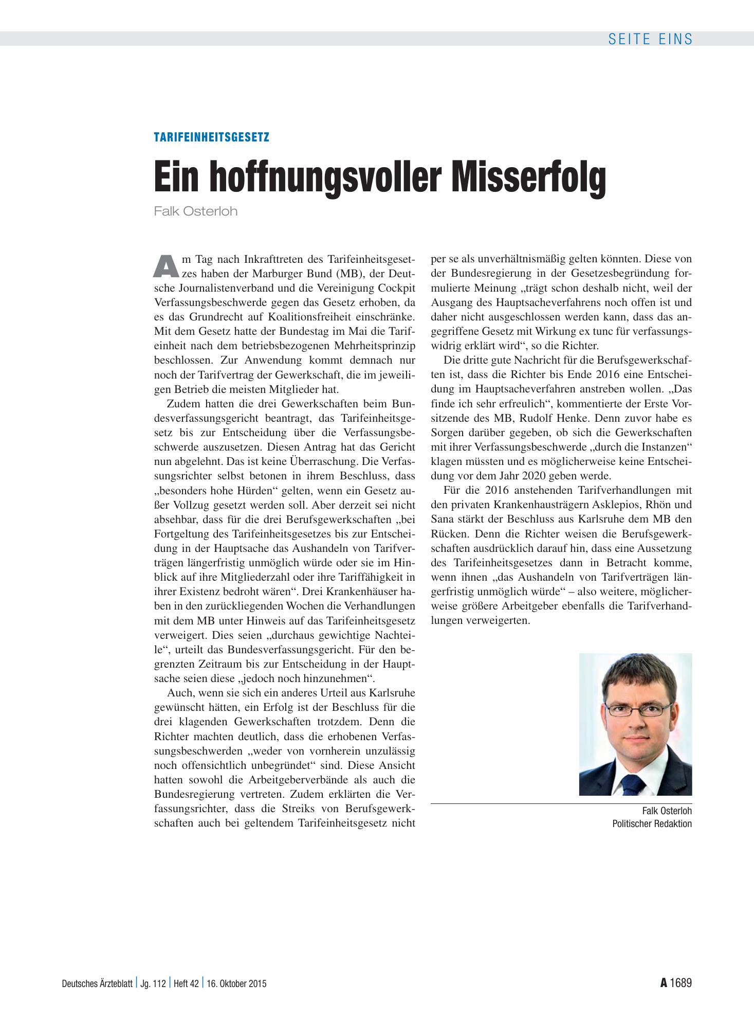 Vorschauseite 1: Tarifeinheitsgesetz: Ein hoffnungsvoller Misserfolg – Deutsches Ärzteblatt