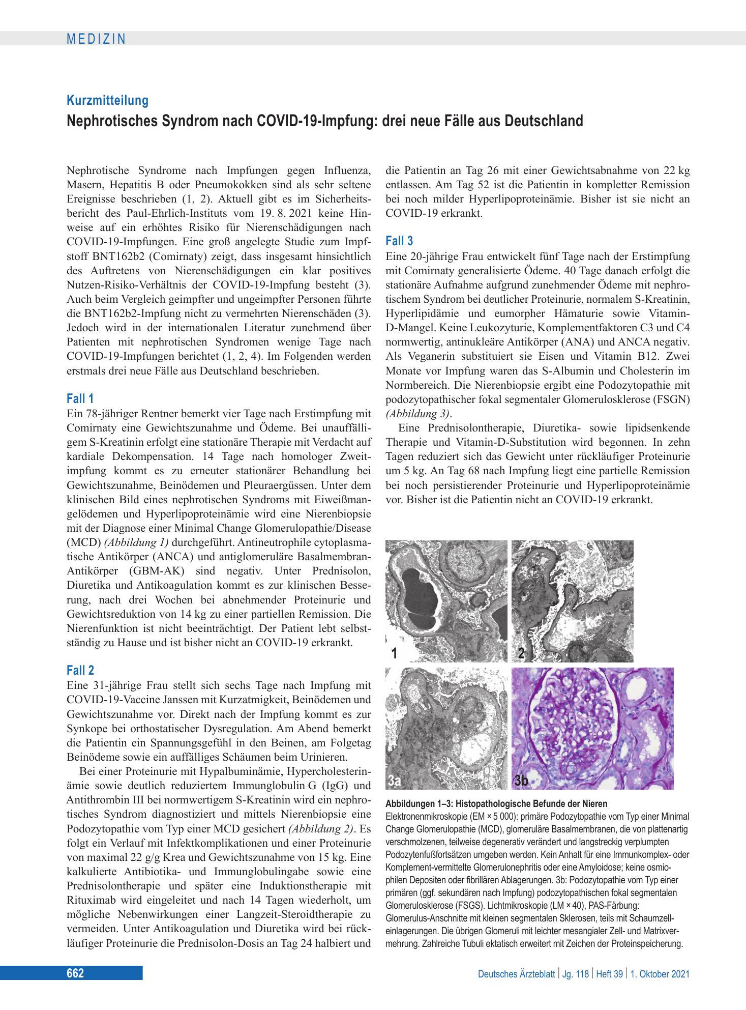 Vorschauseite 1: Nephrotisches Syndrom nach COVID-19-Impfung: drei neue Fälle aus Deutschland – Deutsches Ärzteblatt