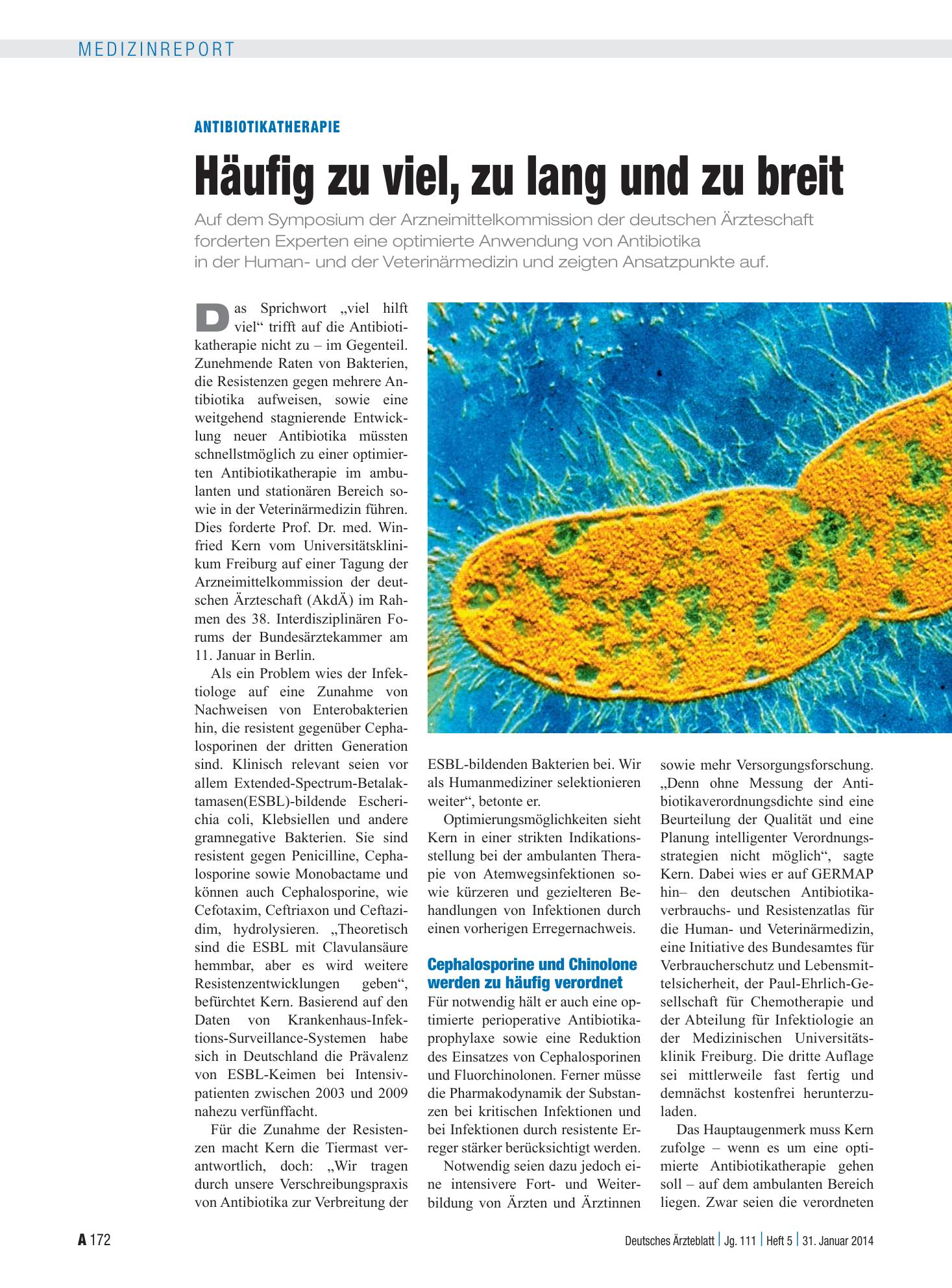 Vorschauseite 1: Antibiotikatherapie: Häufig zu viel, zu lang und zu breit – Deutsches Ärzteblatt