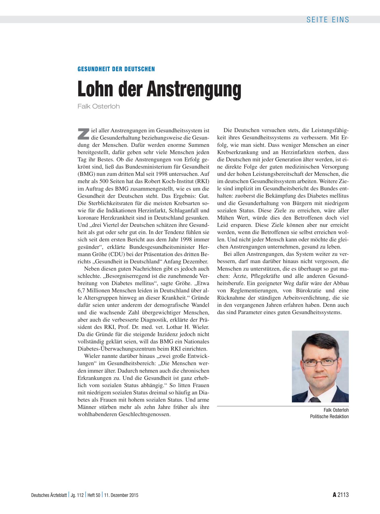 Vorschauseite 1: Gesundheit der Deutschen: Lohn der Anstrengung – Deutsches Ärzteblatt
