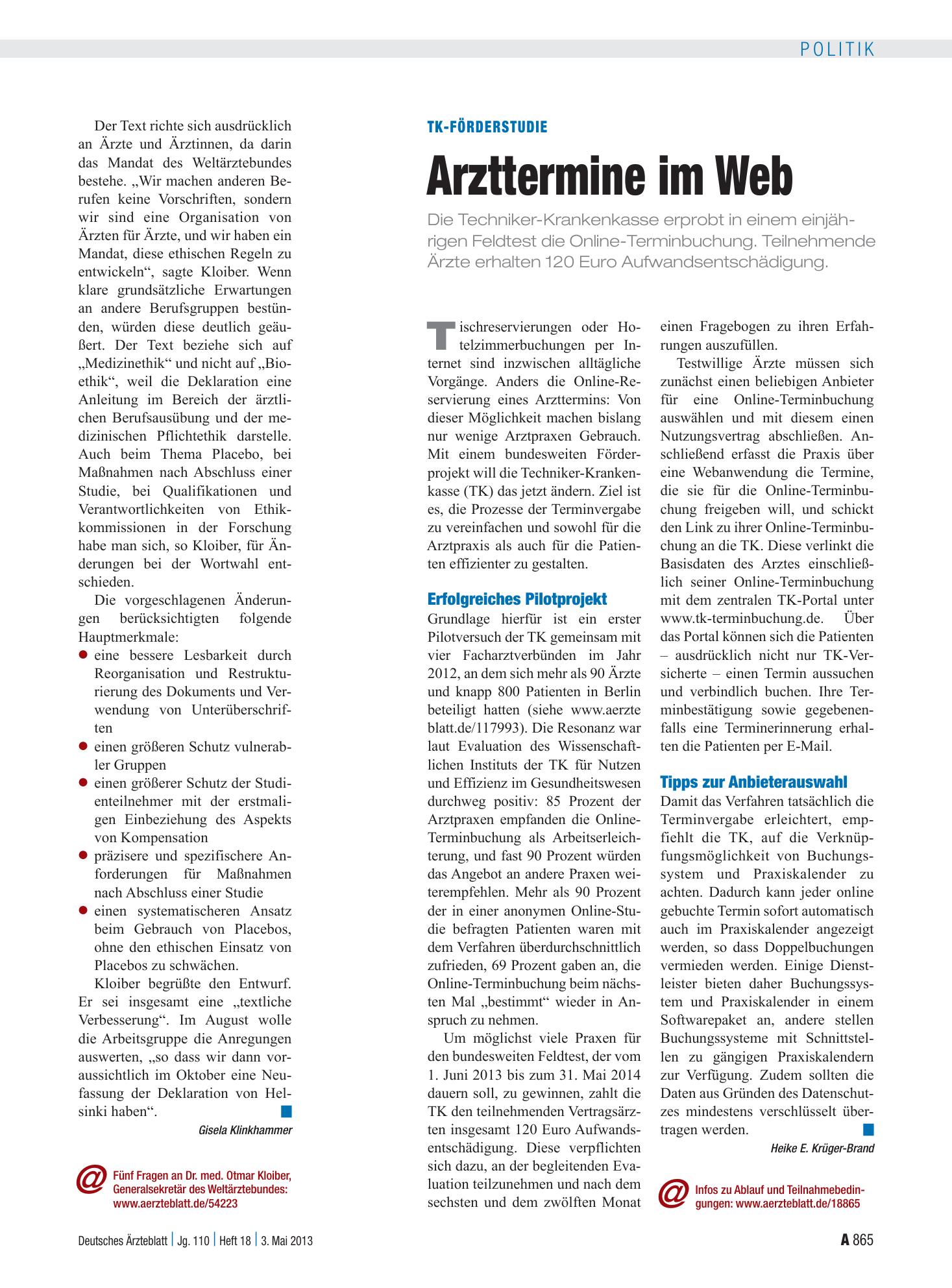 Vorschauseite 1: TK-Förderstudie: Arzttermine im Web – Deutsches Ärzteblatt