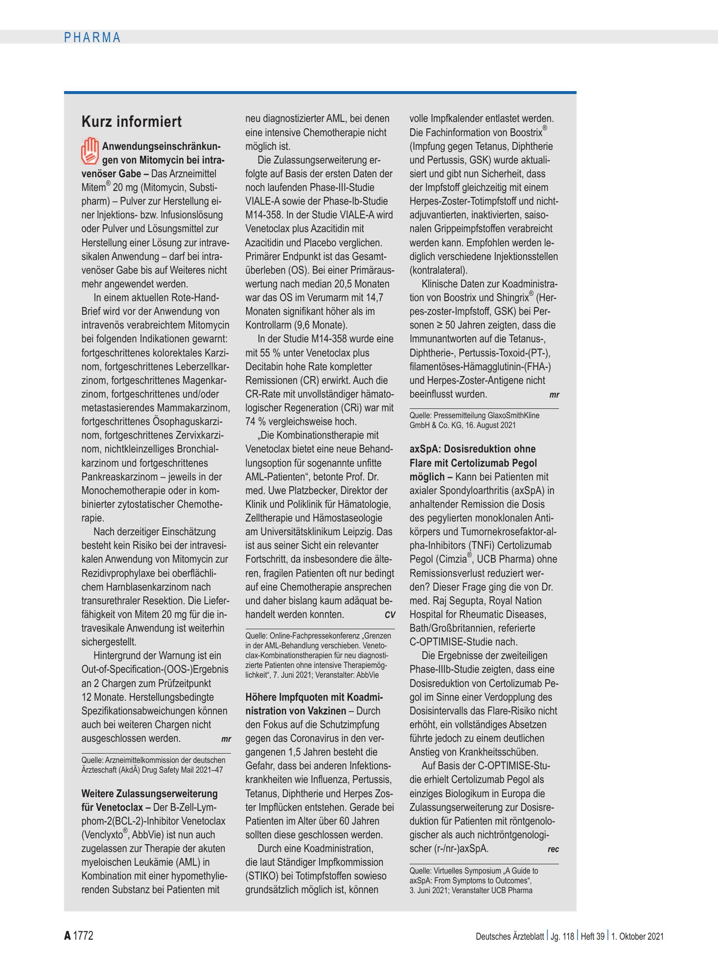 Vorschauseite 1: Kurz informiert – Deutsches Ärzteblatt