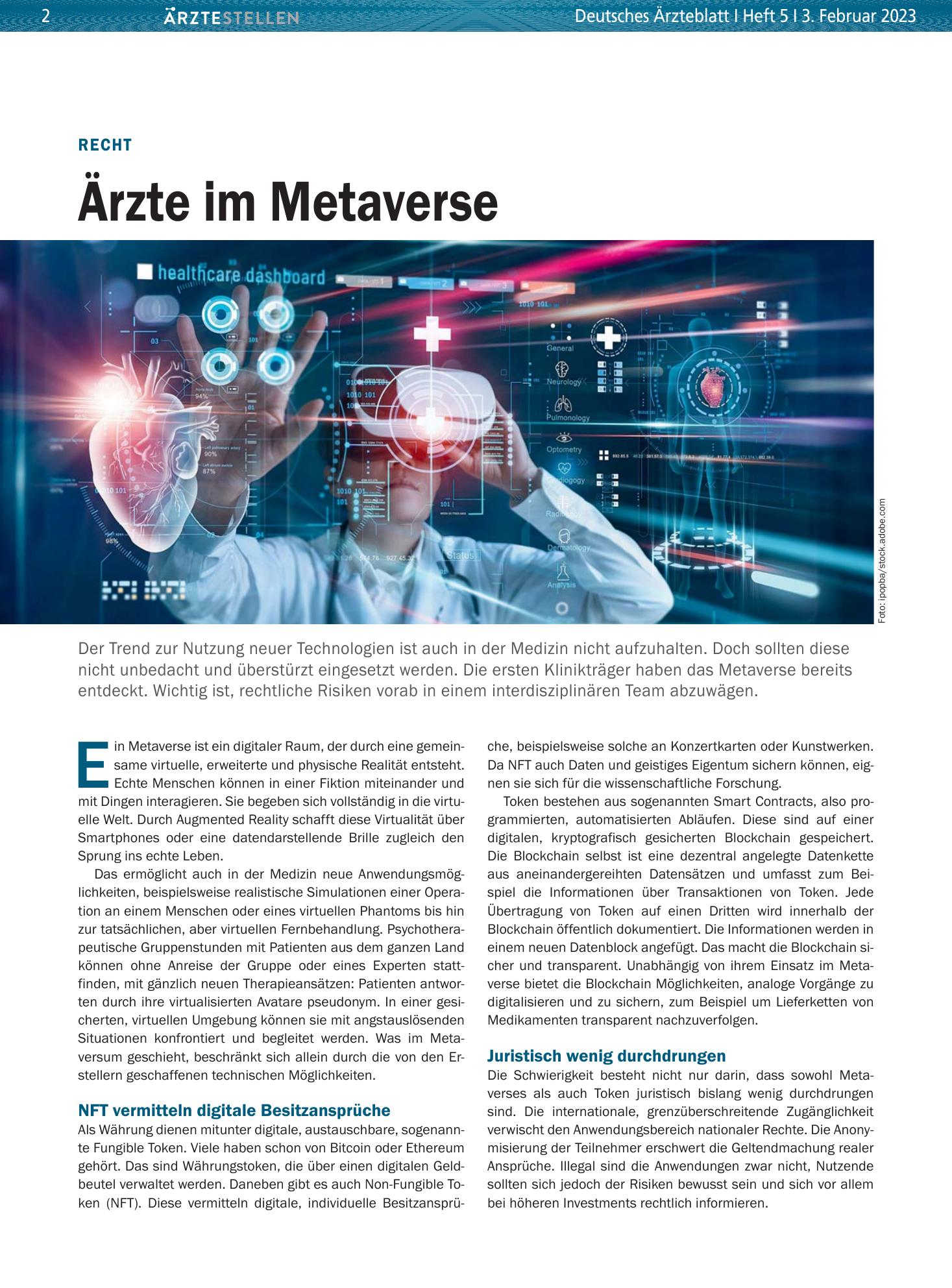 Vorschauseite 1: Recht: Ärzte im Metaverse – Deutsches Ärzteblatt