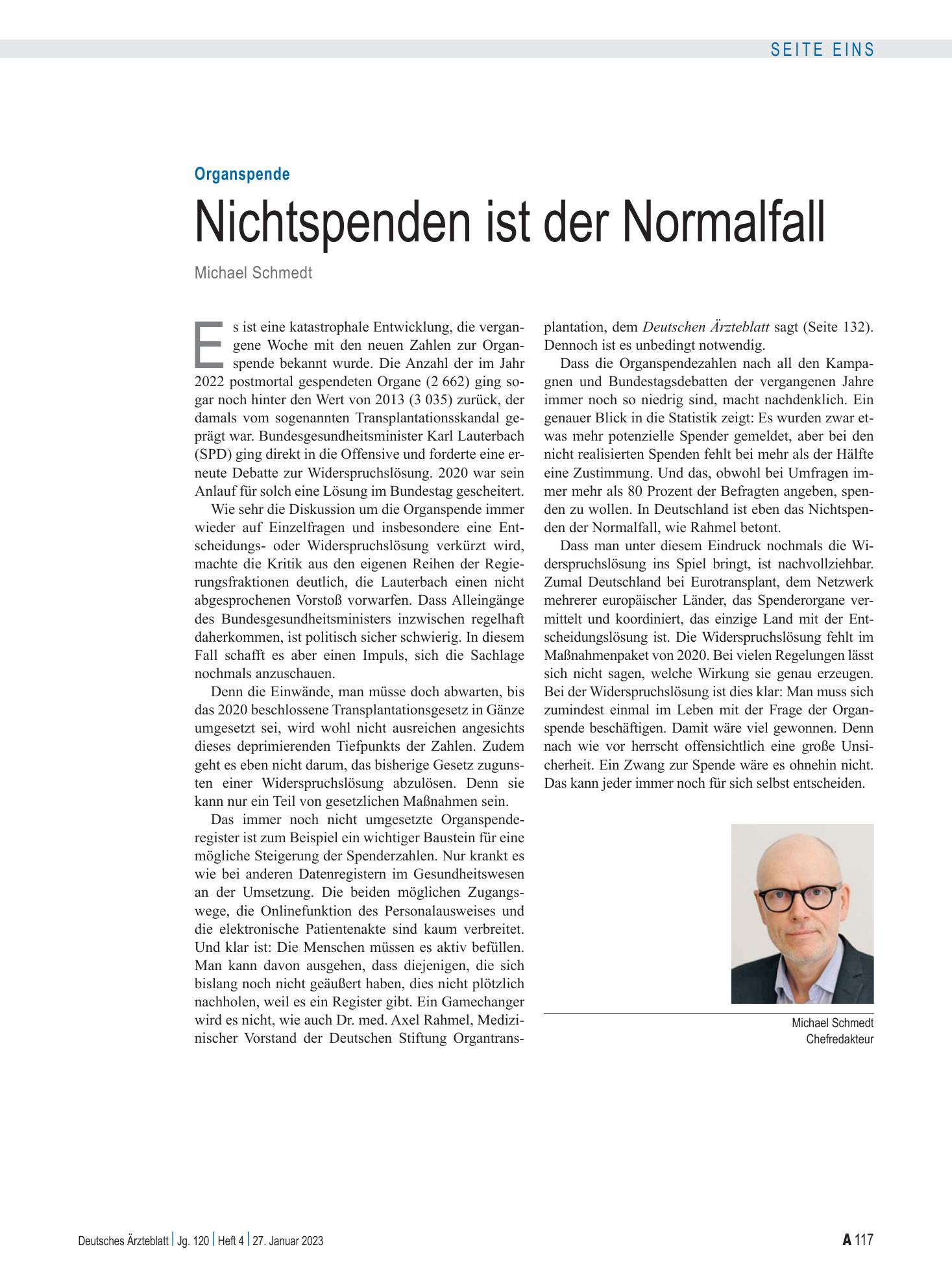 Vorschauseite 1: Organspende: Nichtspenden ist der Normalfall – Deutsches Ärzteblatt