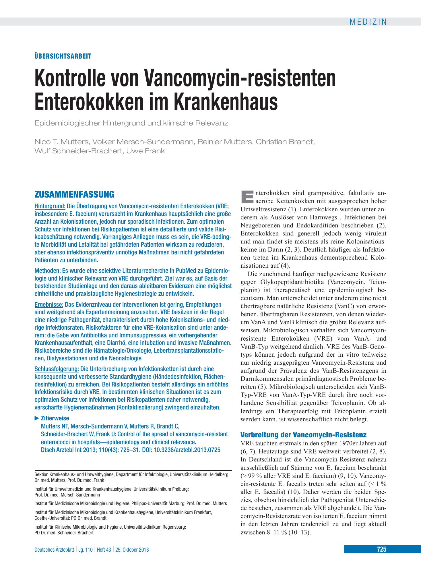 Vorschauseite 1: Kontrolle von Vancomycin-resistenten Enterokokken im Krankenhaus – Deutsches Ärzteblatt