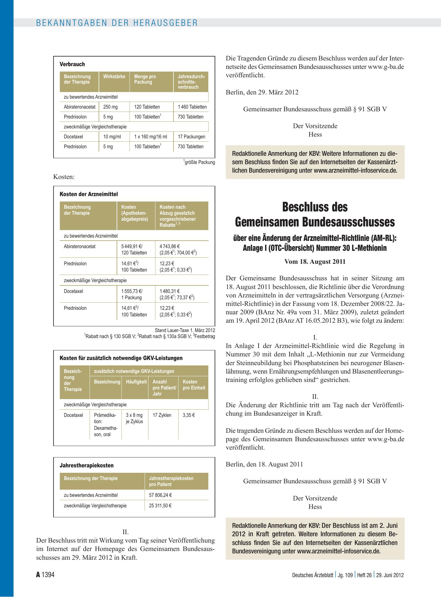 Vorschauseite 1: Beschluss des Gemeinsamen Bundesausschusses über eine Änderung der Arzneimittel-Richtlinie (AM-RL): Anlage I (OTC-Übersicht) Nummer 30 L-Methionin – Deutsches Ärzteblatt